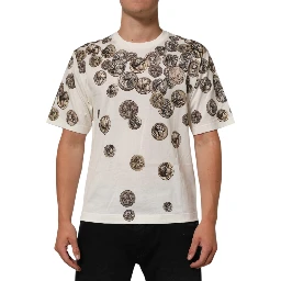 White Coin Print Cotton Crew Neck Men T-shirt
