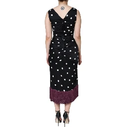 Black Silk Polka Dot Vneck Tassel Midi Dress