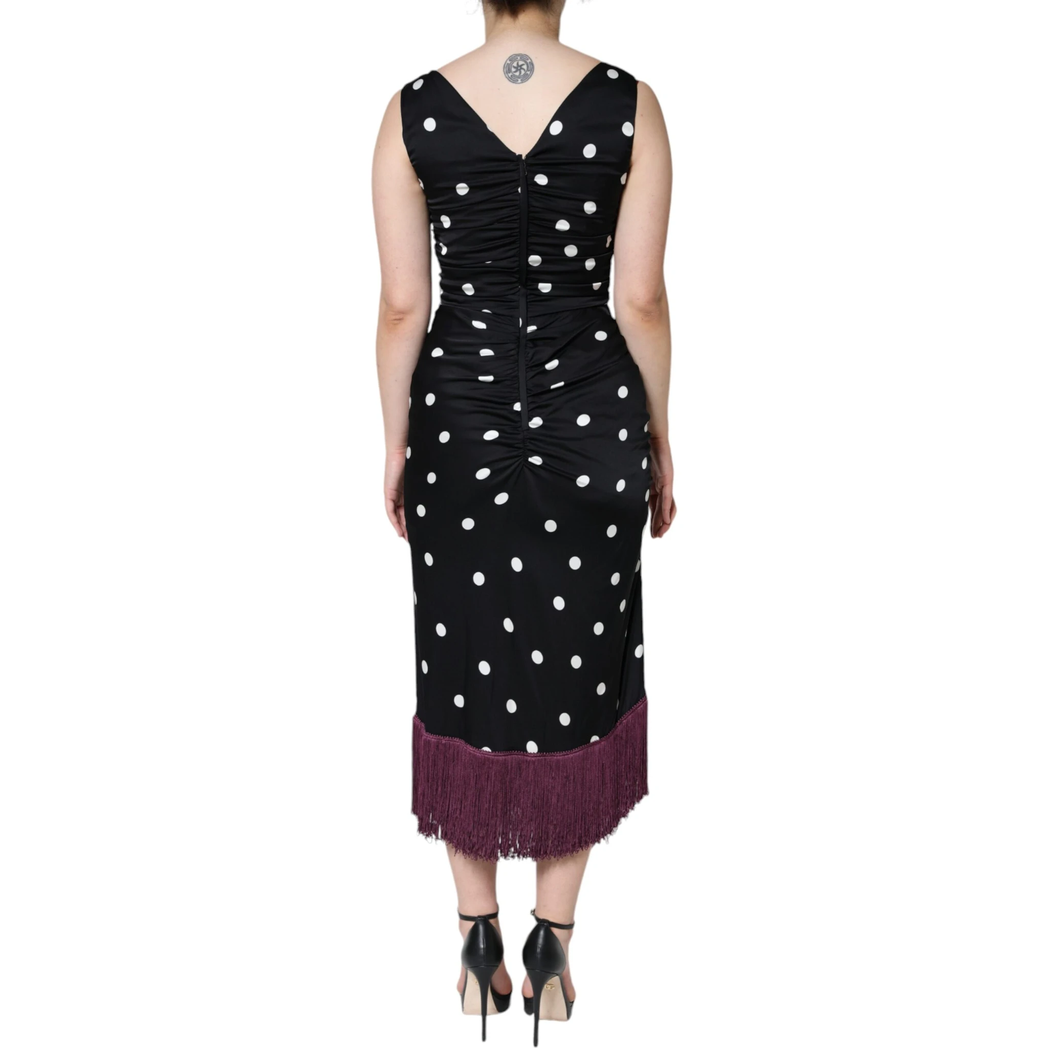 Black Silk Polka Dot Vneck Tassel Midi Dress