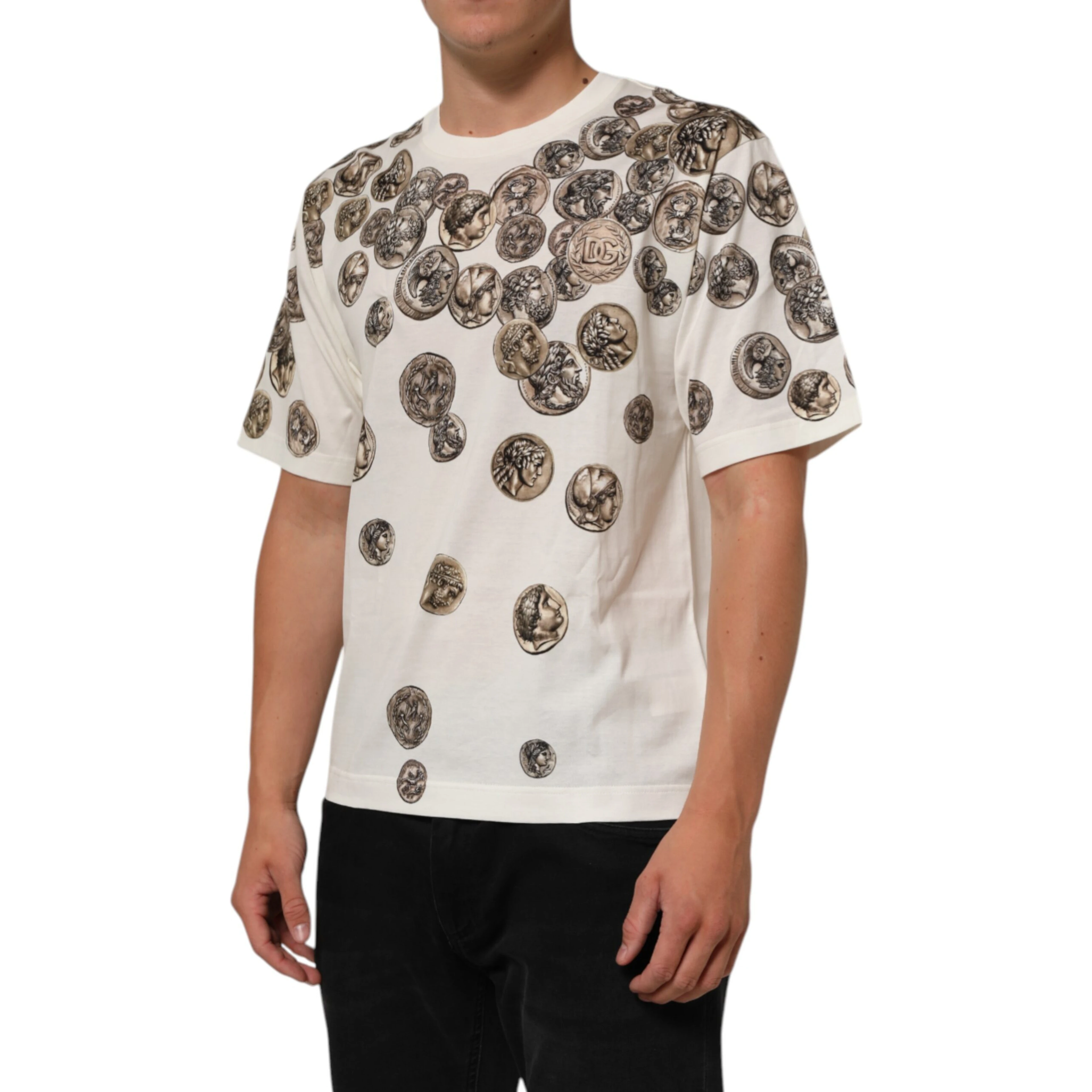 White Coin Print Cotton Crew Neck Men T-shirt