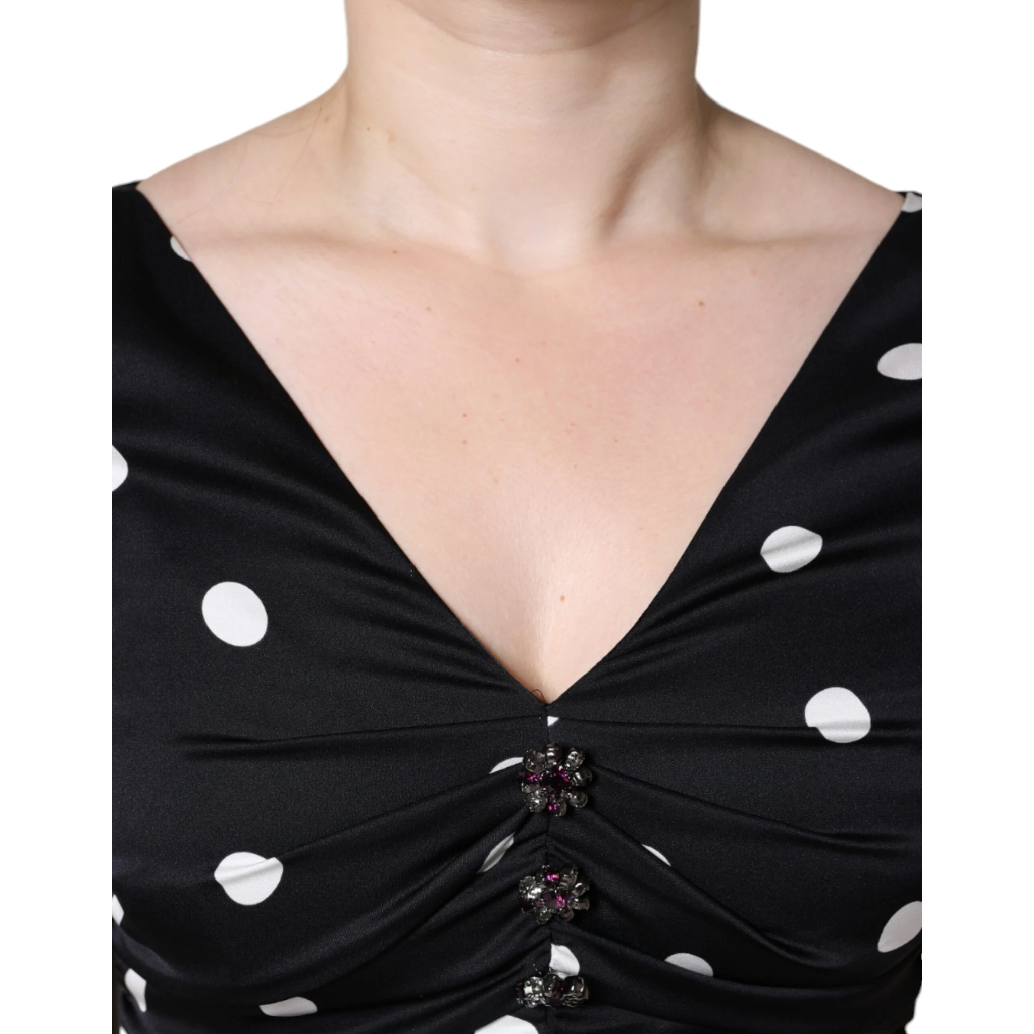 Black Silk Polka Dot Vneck Tassel Midi Dress