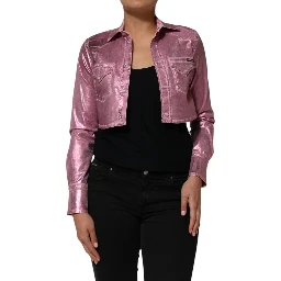 Pink Cotton Stretch Collared Cropped Jacket