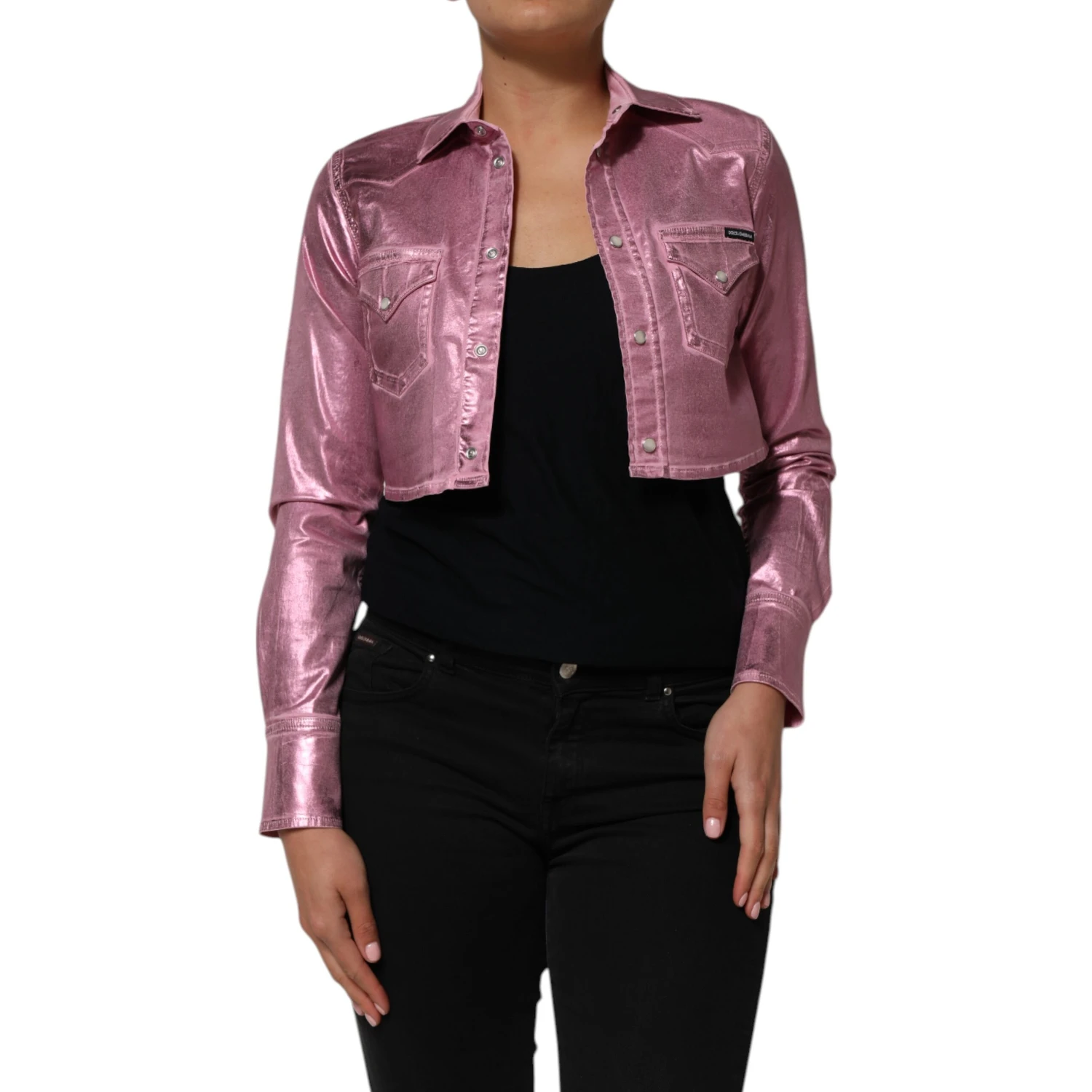 Pink Cotton Stretch Collared Cropped Jacket