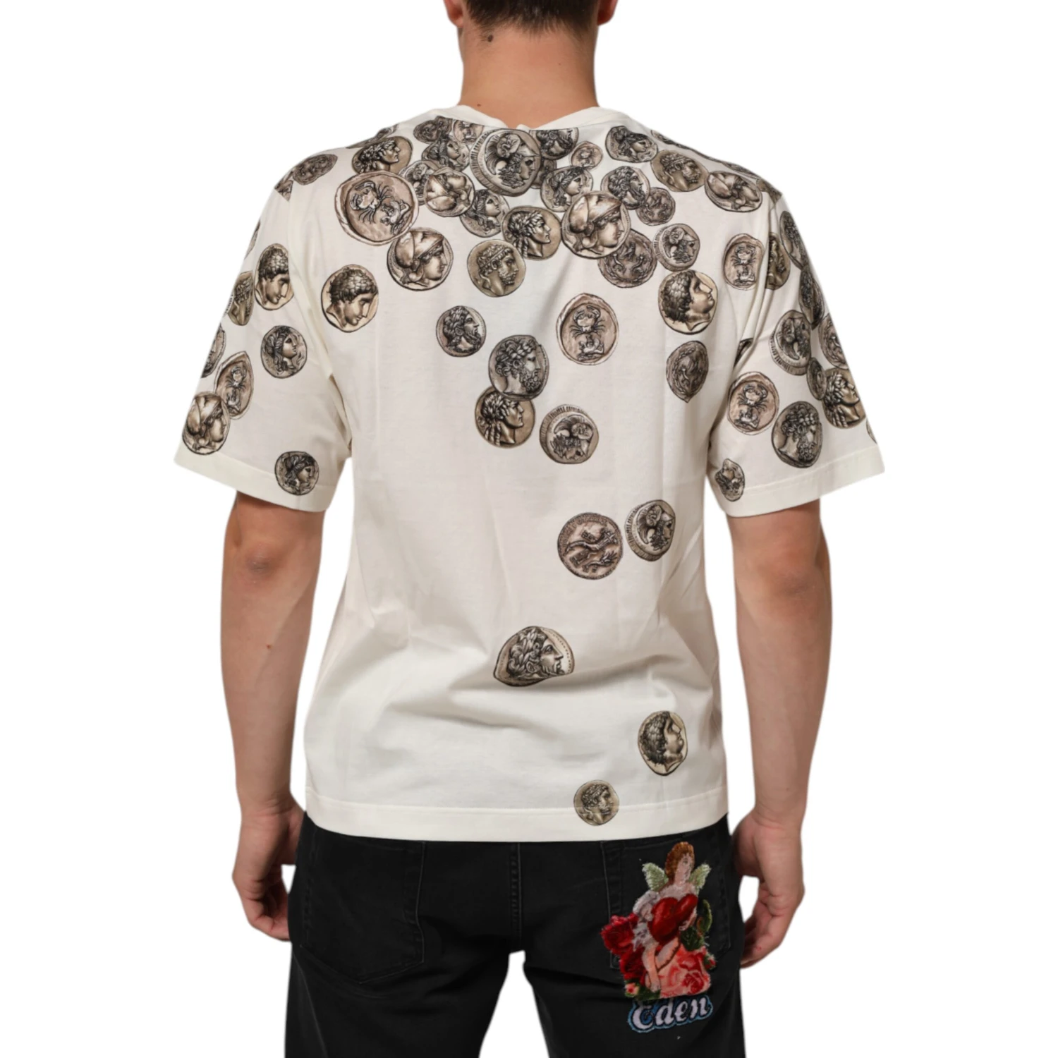 White Coin Print Cotton Crew Neck Men T-shirt