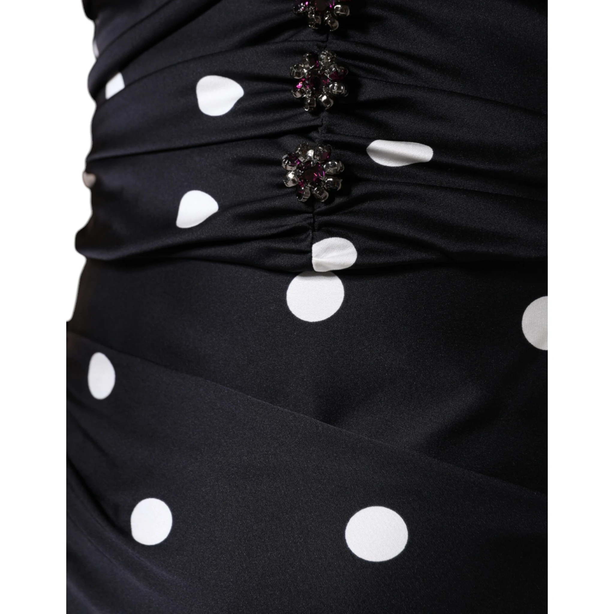 Black Silk Polka Dot Vneck Tassel Midi Dress