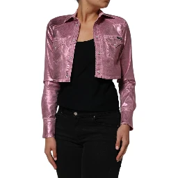 Pink Cotton Stretch Collared Cropped Jacket