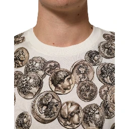 White Coin Print Cotton Crew Neck Men T-shirt