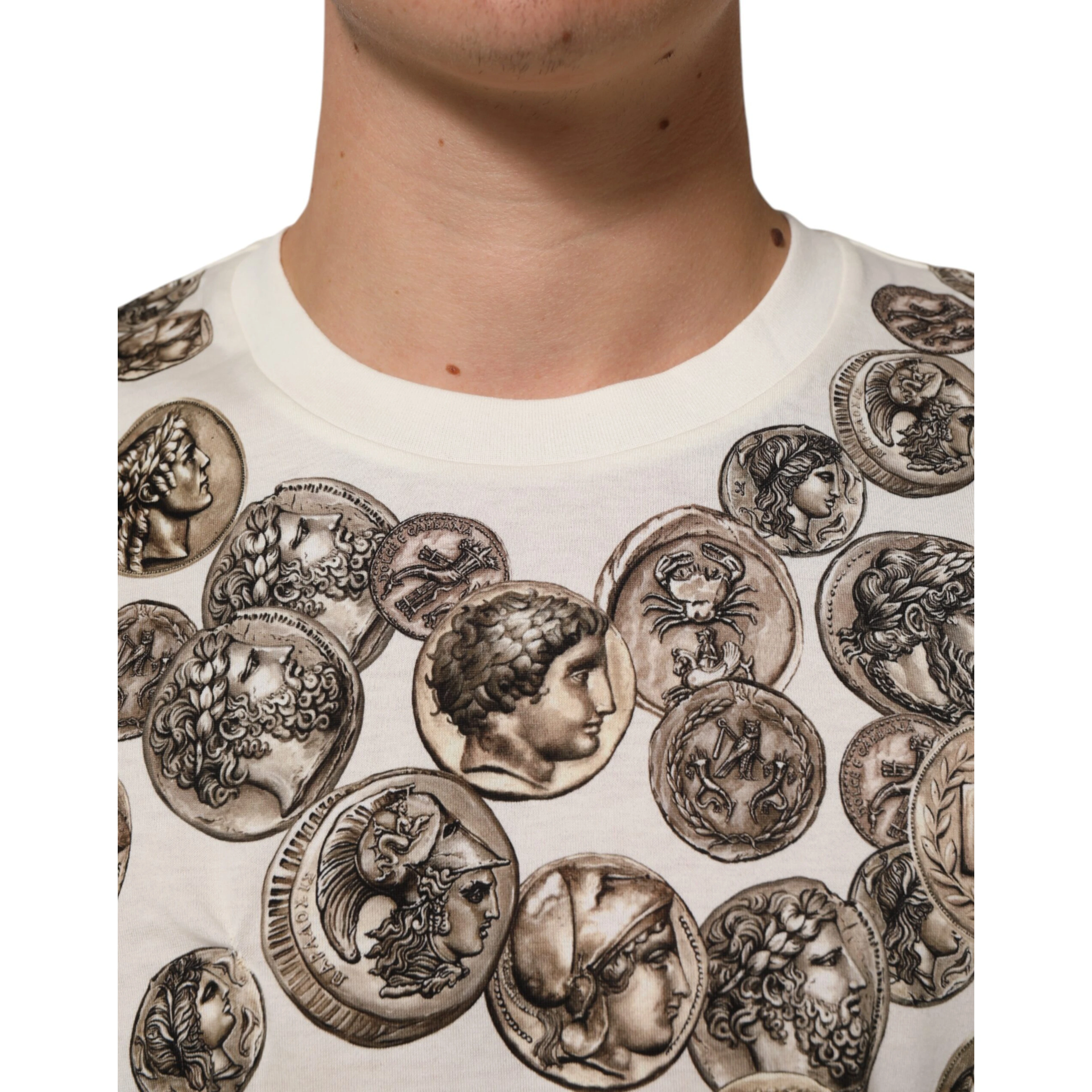 White Coin Print Cotton Crew Neck Men T-shirt
