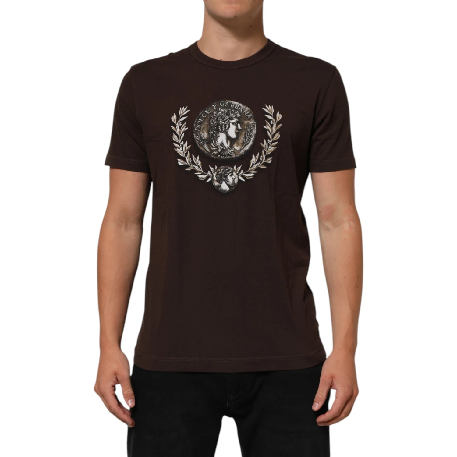 Brown Coin Laurel Print Men Crew Neck T-shirt