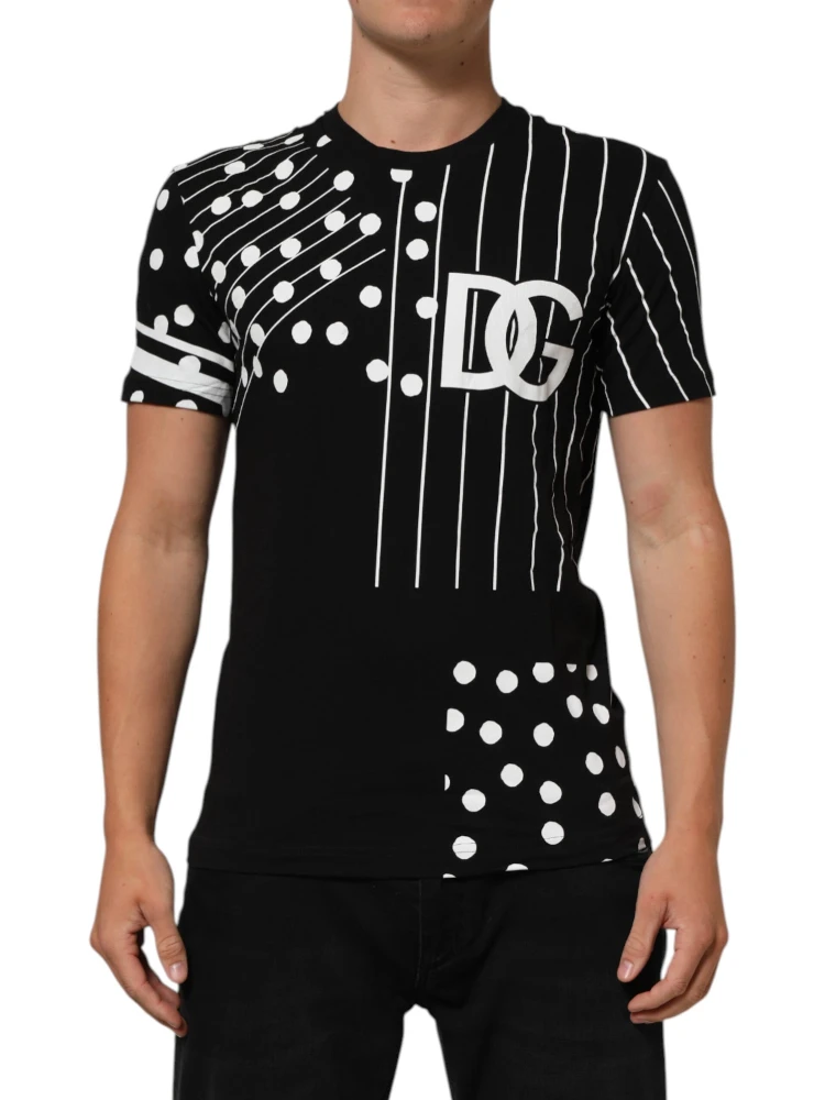 Black Cotton Polka Dots Round Neck T-shirt