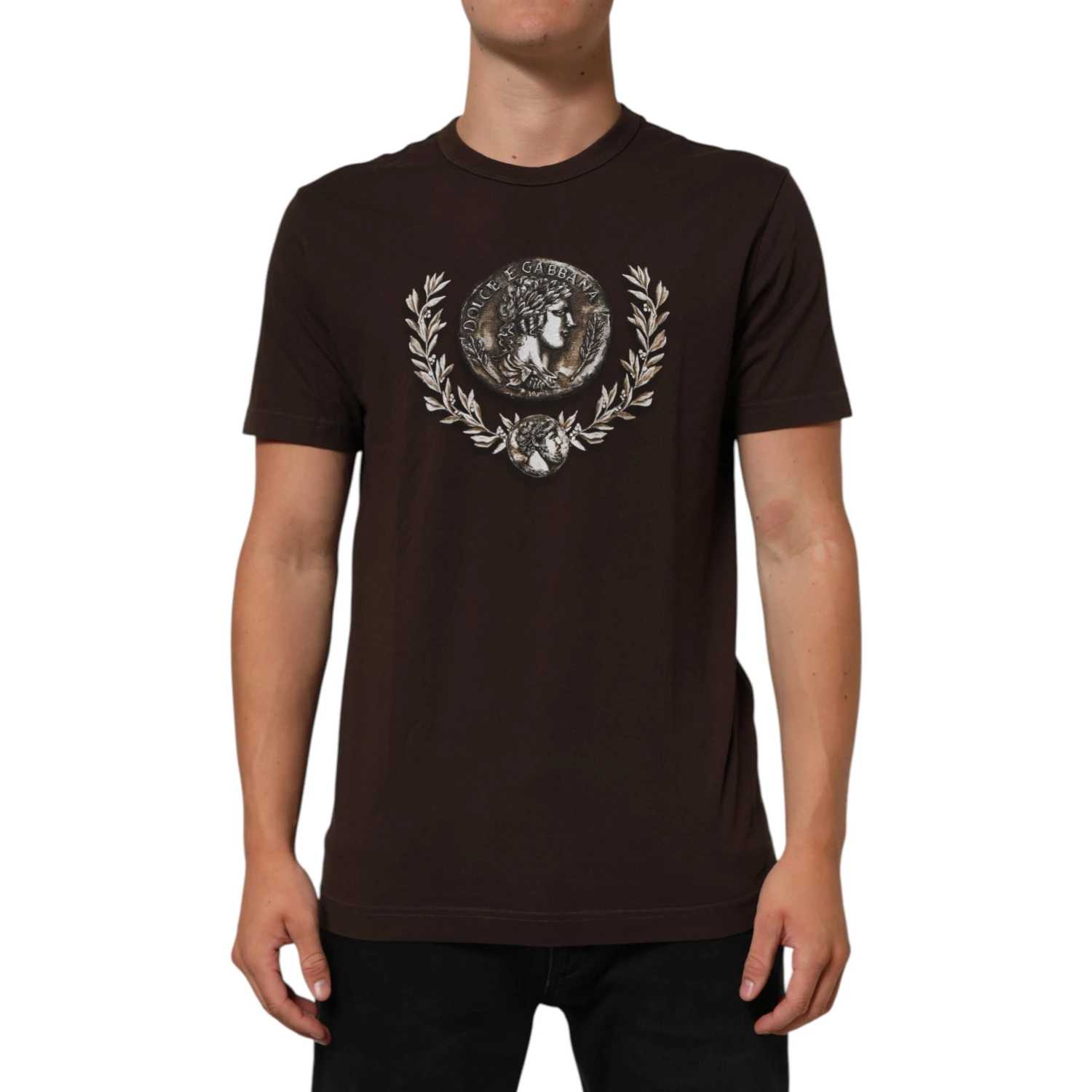 Brown Coin Laurel Print Men Crew Neck T-shirt
