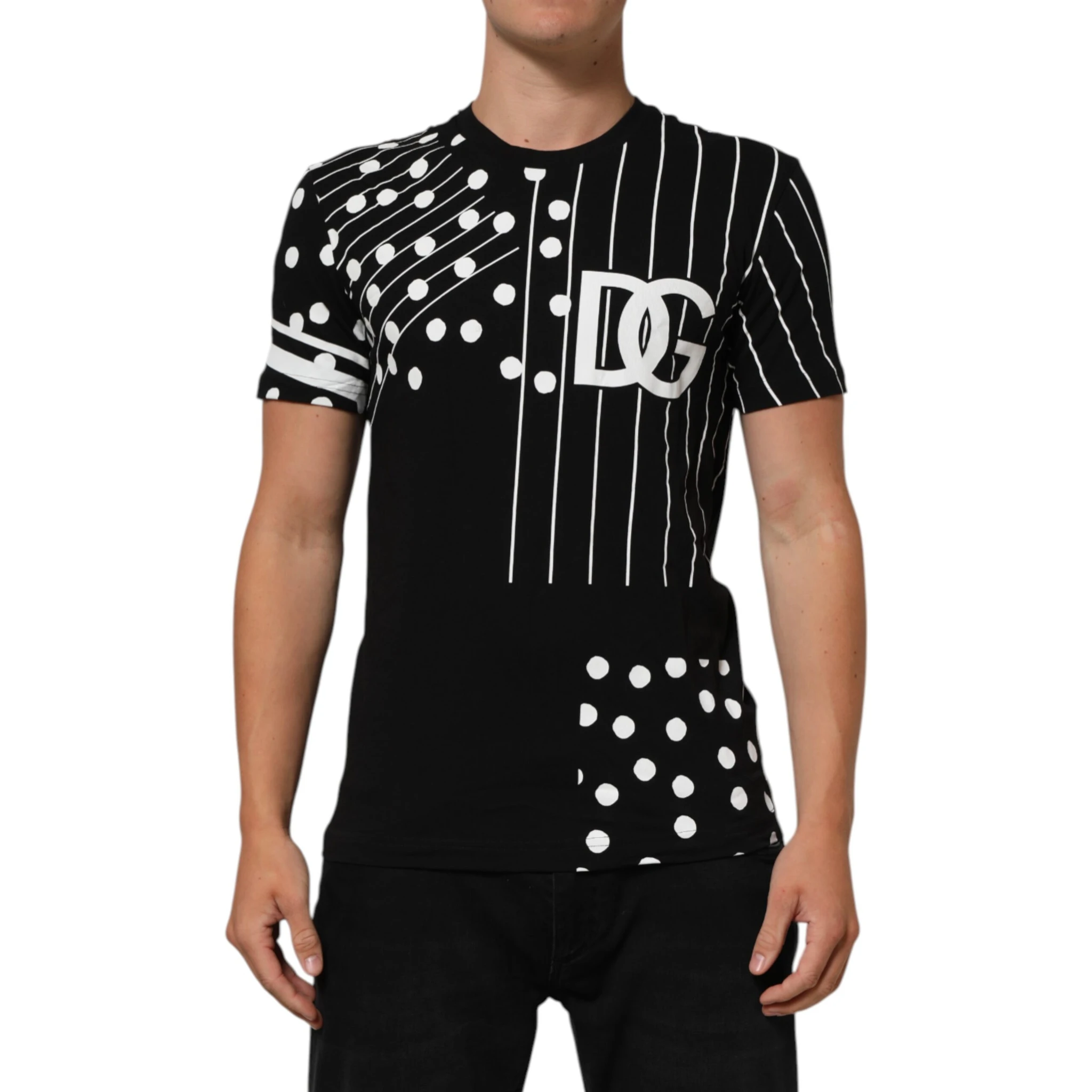 Black Cotton Polka Dots Round Neck T-shirt