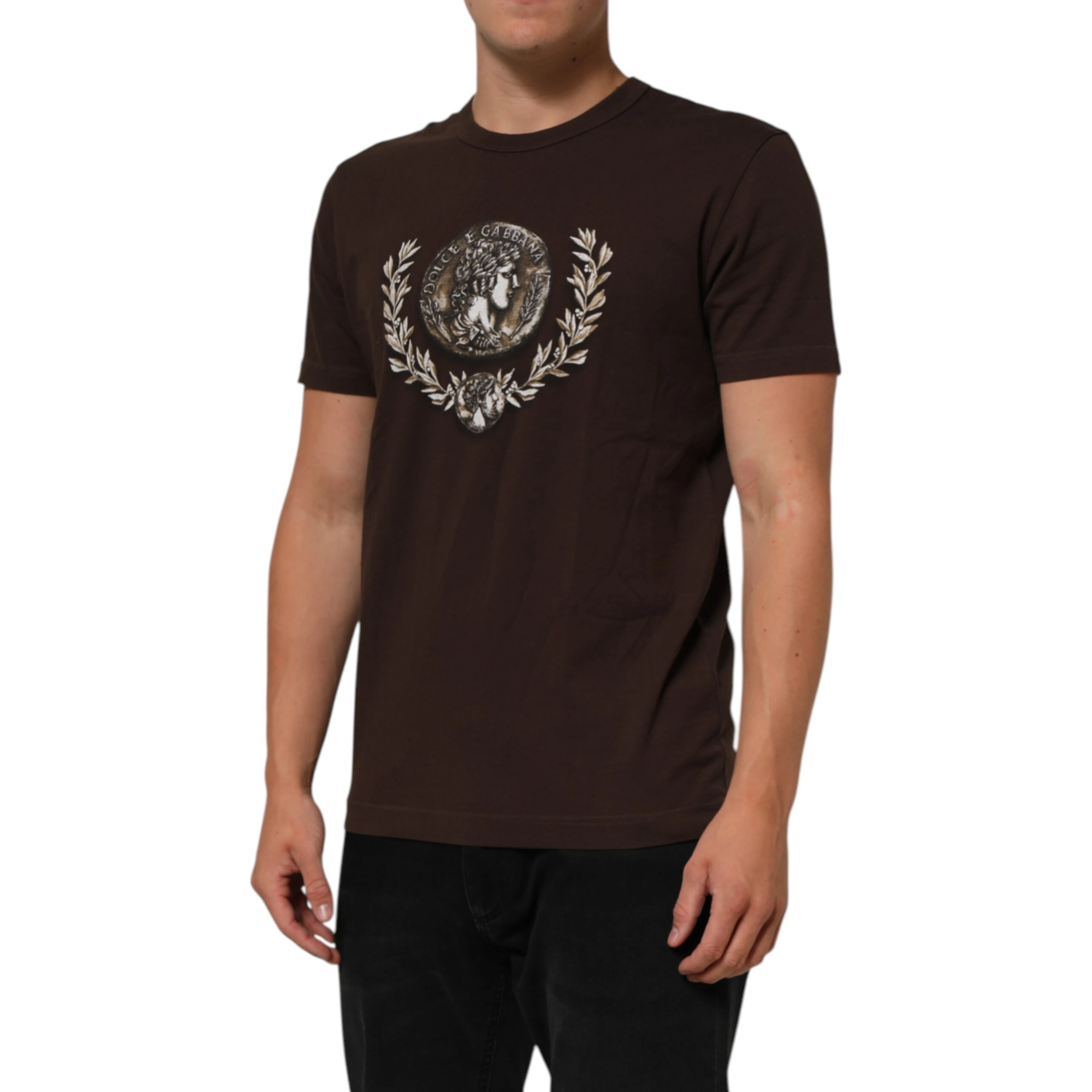 Brown Coin Laurel Print Men Crew Neck T-shirt