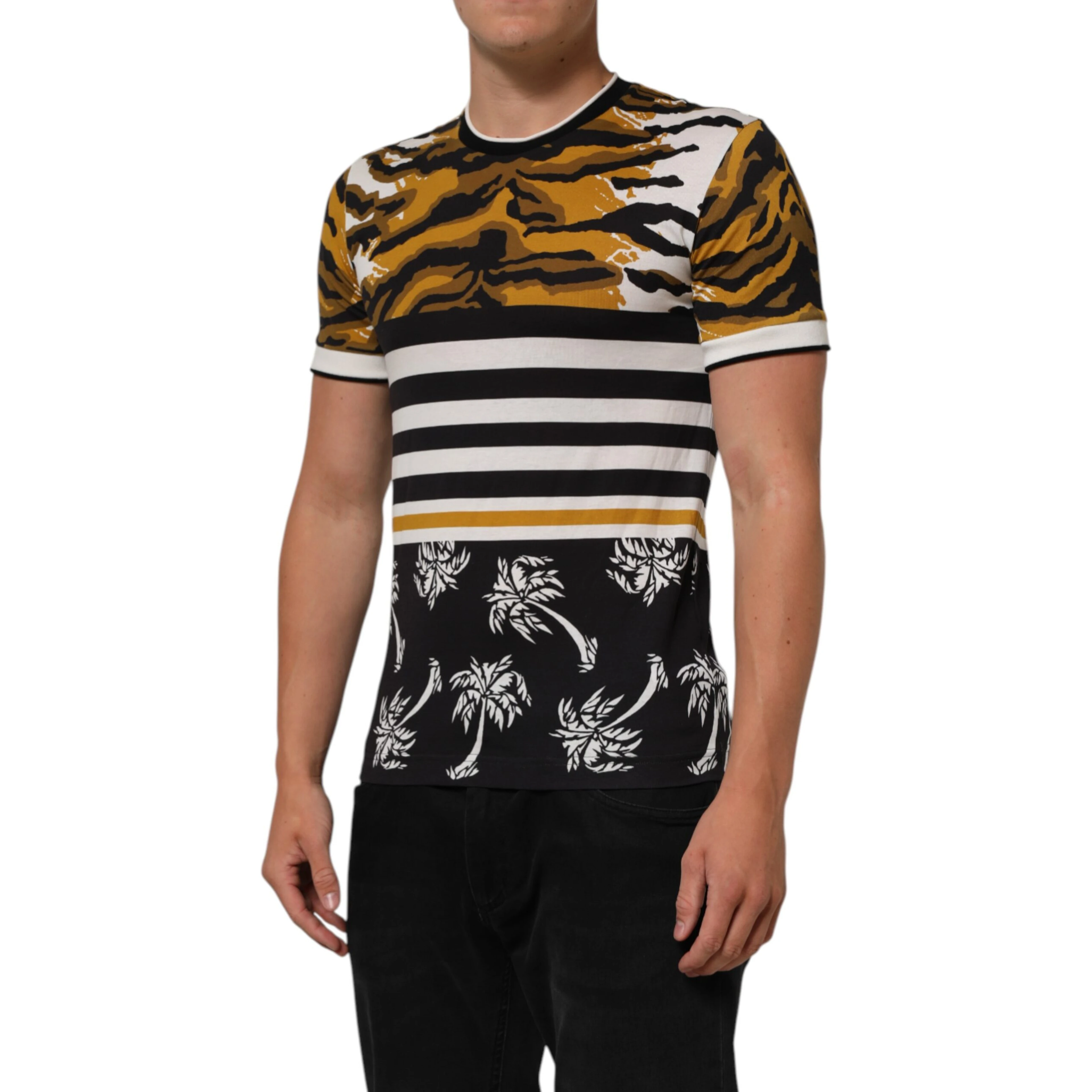 Multicolor Leopard Palm Leaf Men Crew Neck T-shirt