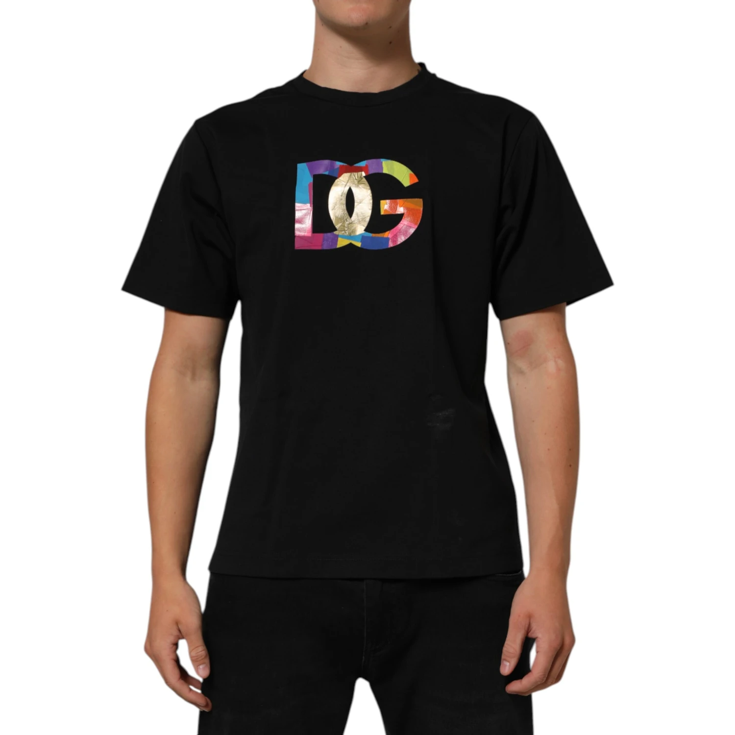 Black Logo Print Cotton Men Crew Neck T-shirt