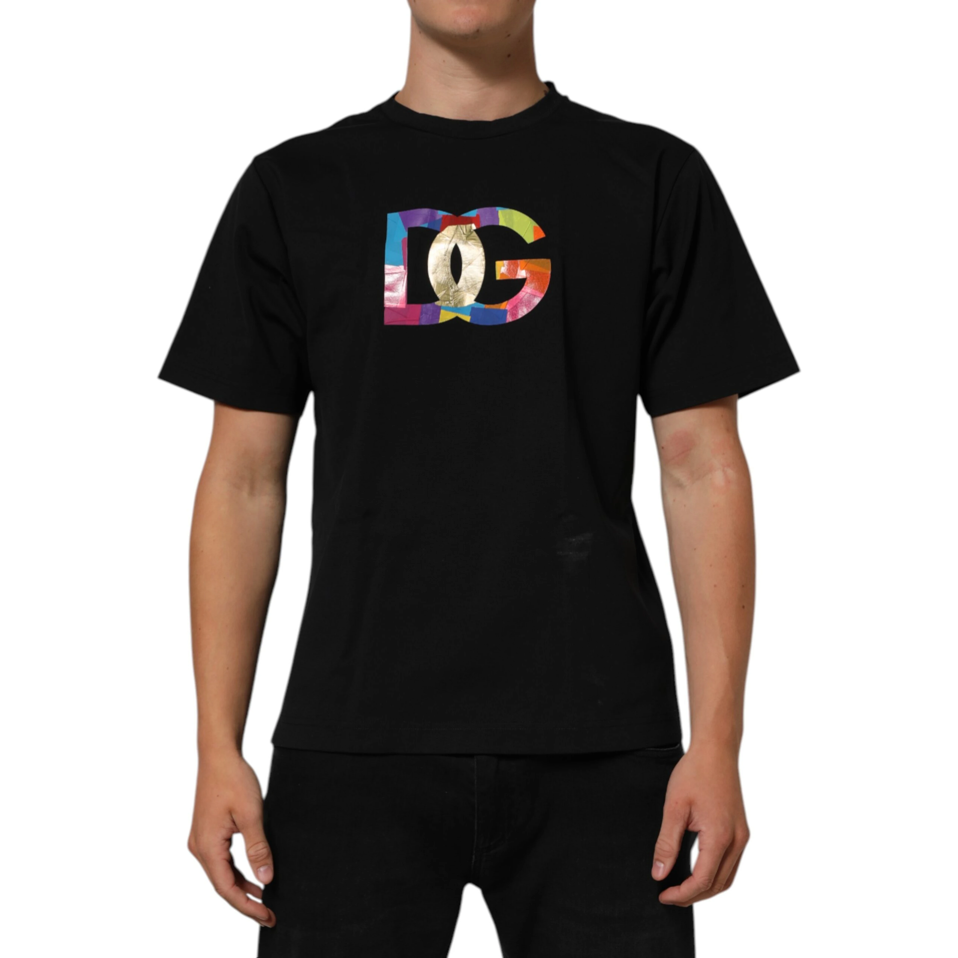 Black Logo Print Cotton Men Crew Neck T-shirt