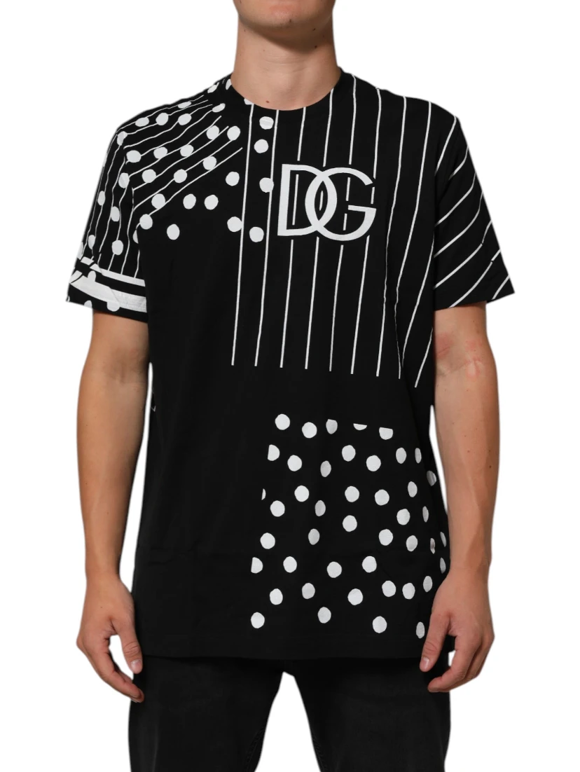Black Cotton Polka Dots Round Neck T-shirt