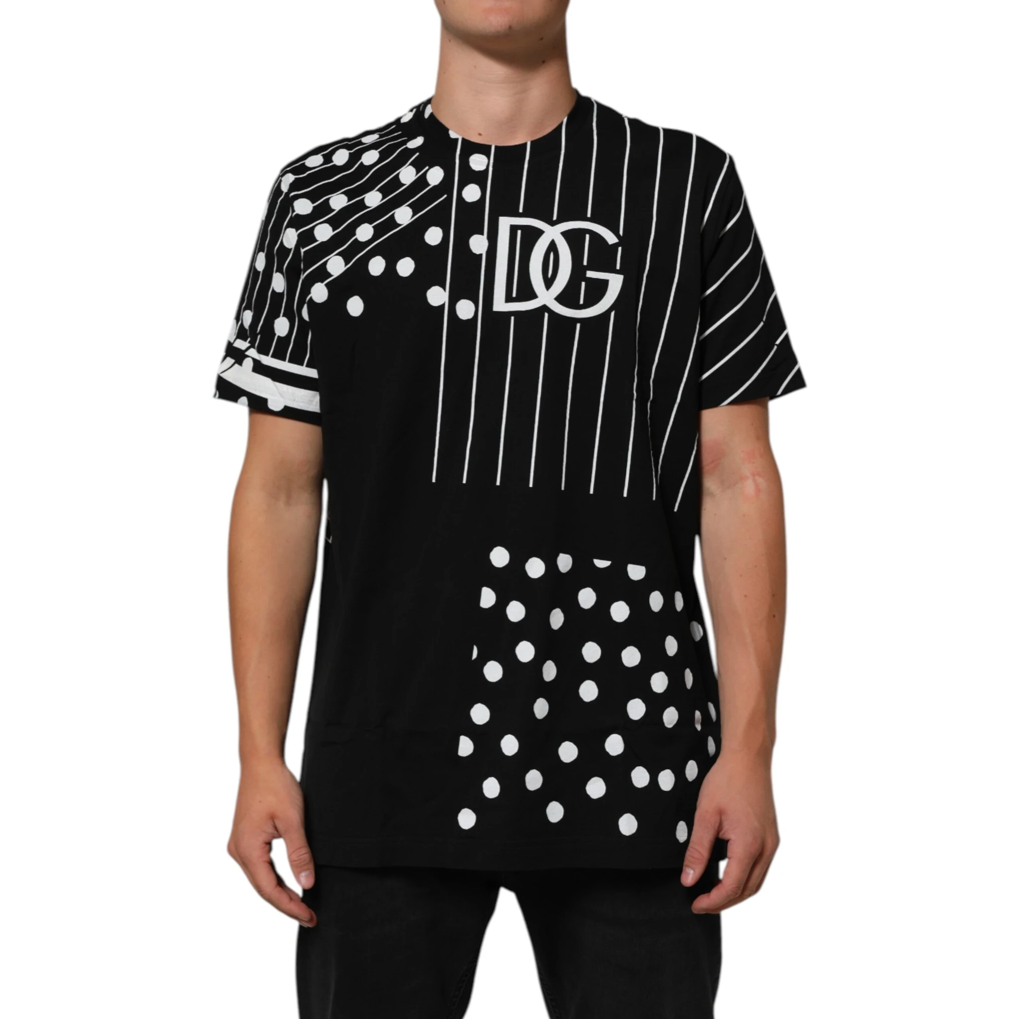 Black Cotton Polka Dots Round Neck T-shirt