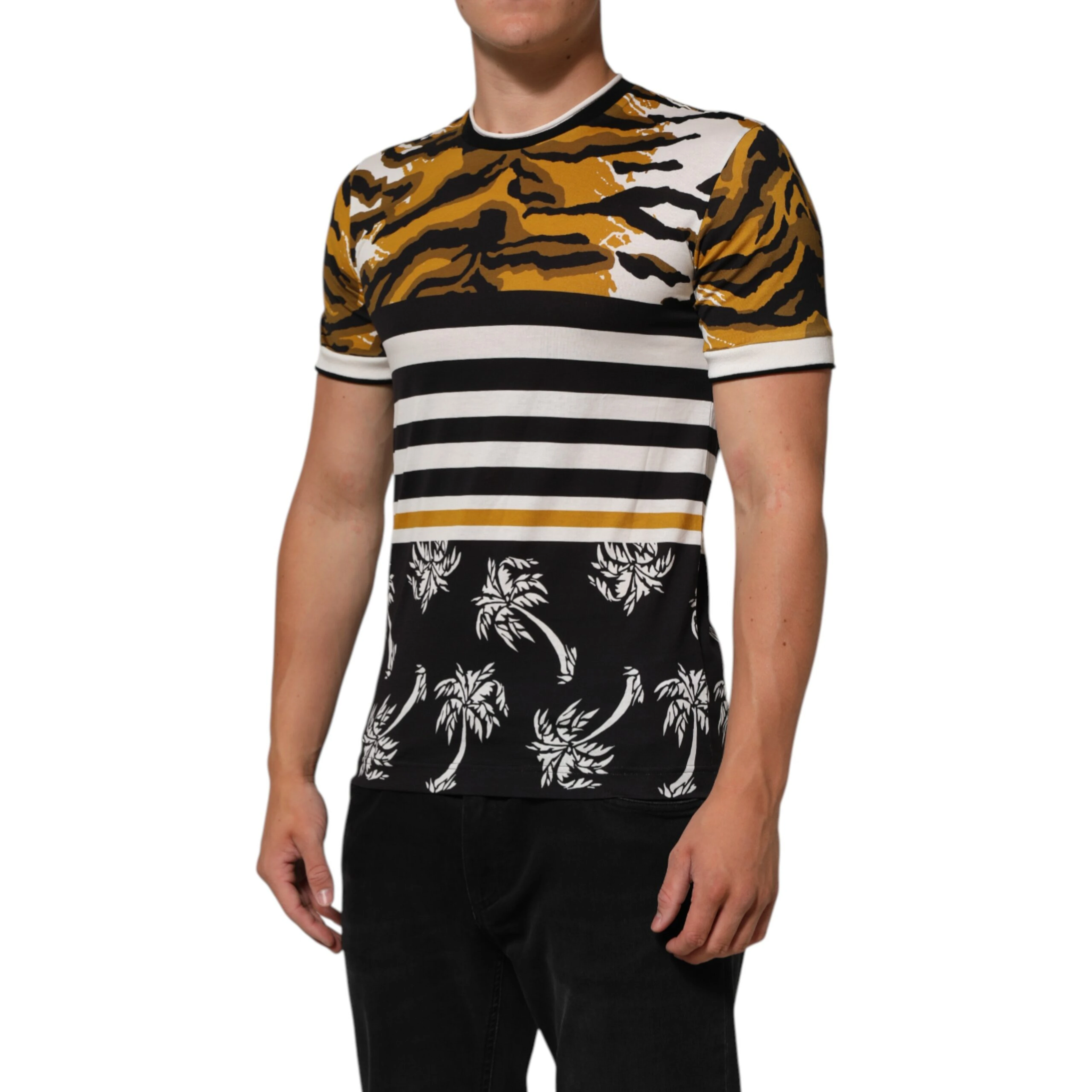 Multicolor Leopard Palm Leaf Men Crew Neck T-shirt