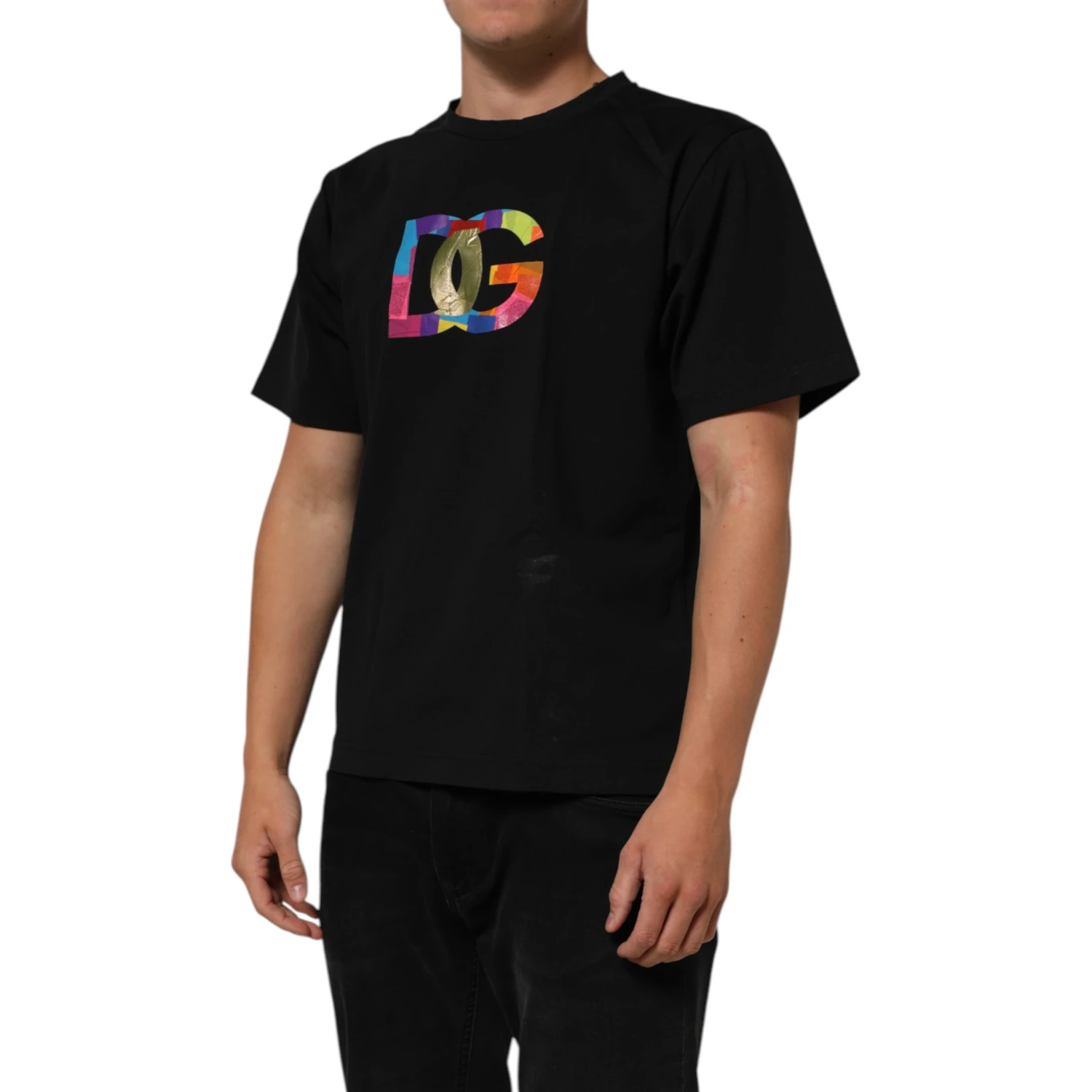 Black Logo Print Cotton Men Crew Neck T-shirt