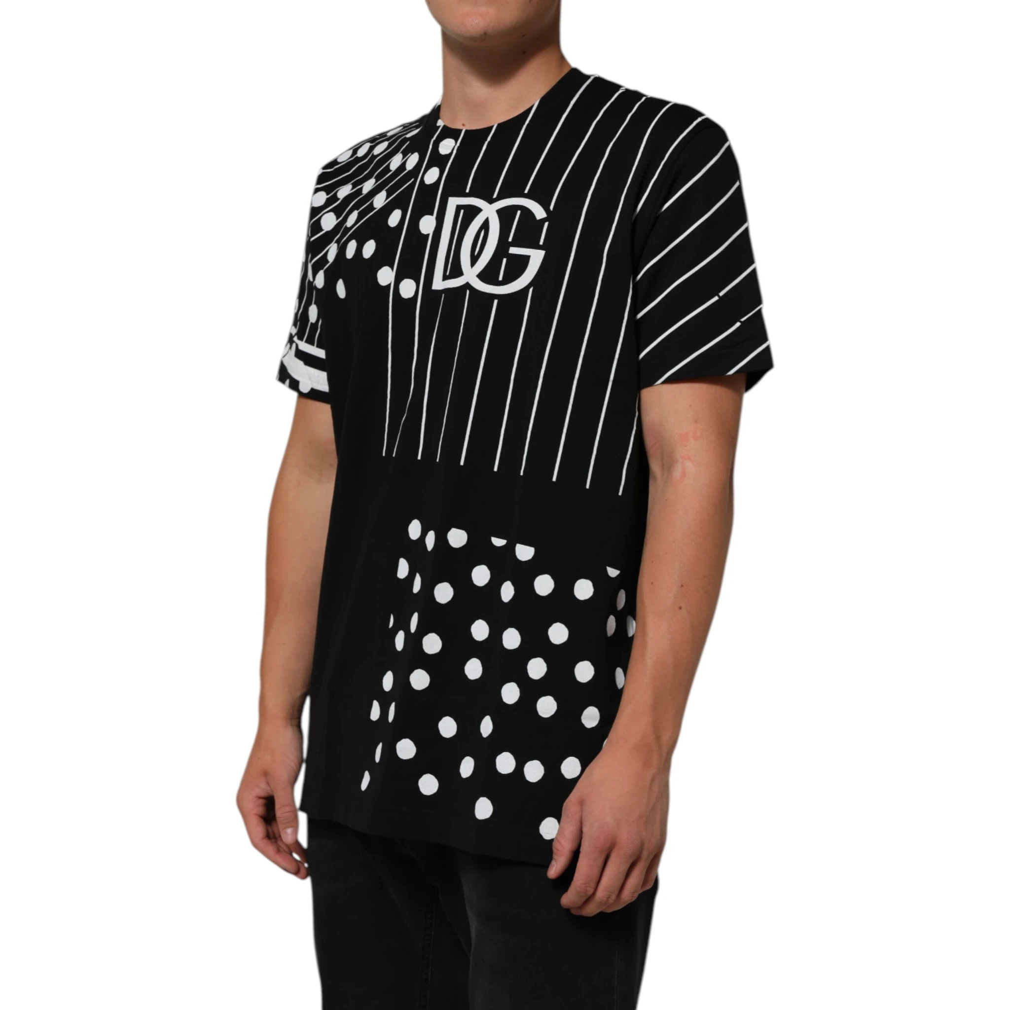 Black Cotton Polka Dots Round Neck T-shirt