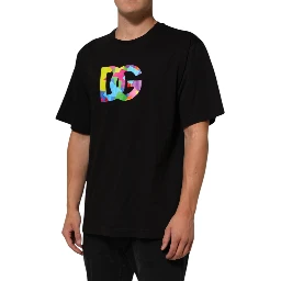 Black Logo Print Cotton Men Crew Neck T-shirt