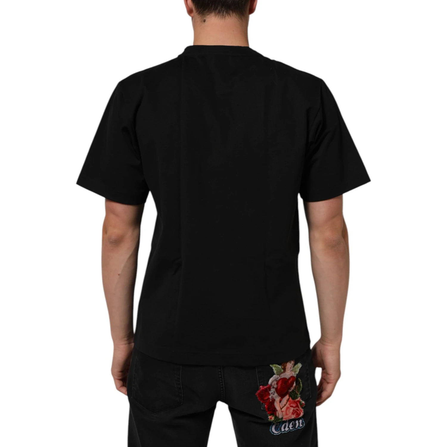 Black Logo Print Cotton Men Crew Neck T-shirt