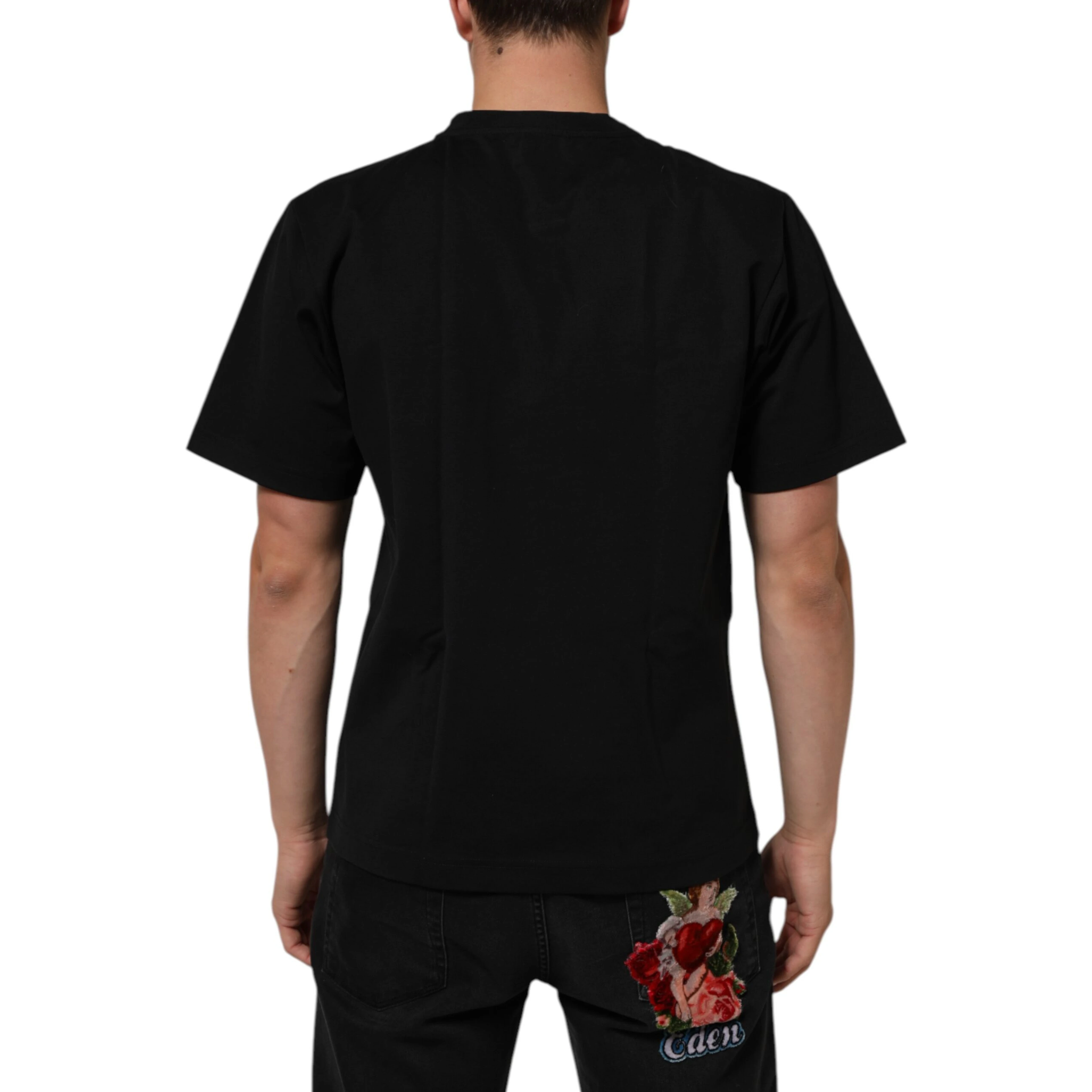 Black Logo Print Cotton Men Crew Neck T-shirt