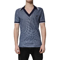 Blue Collared V-neck Silk Blend Polo T-shirt