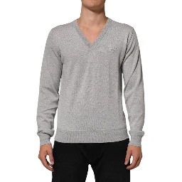 Gray Wool Knit Logo V-Neck Pullover Sweater