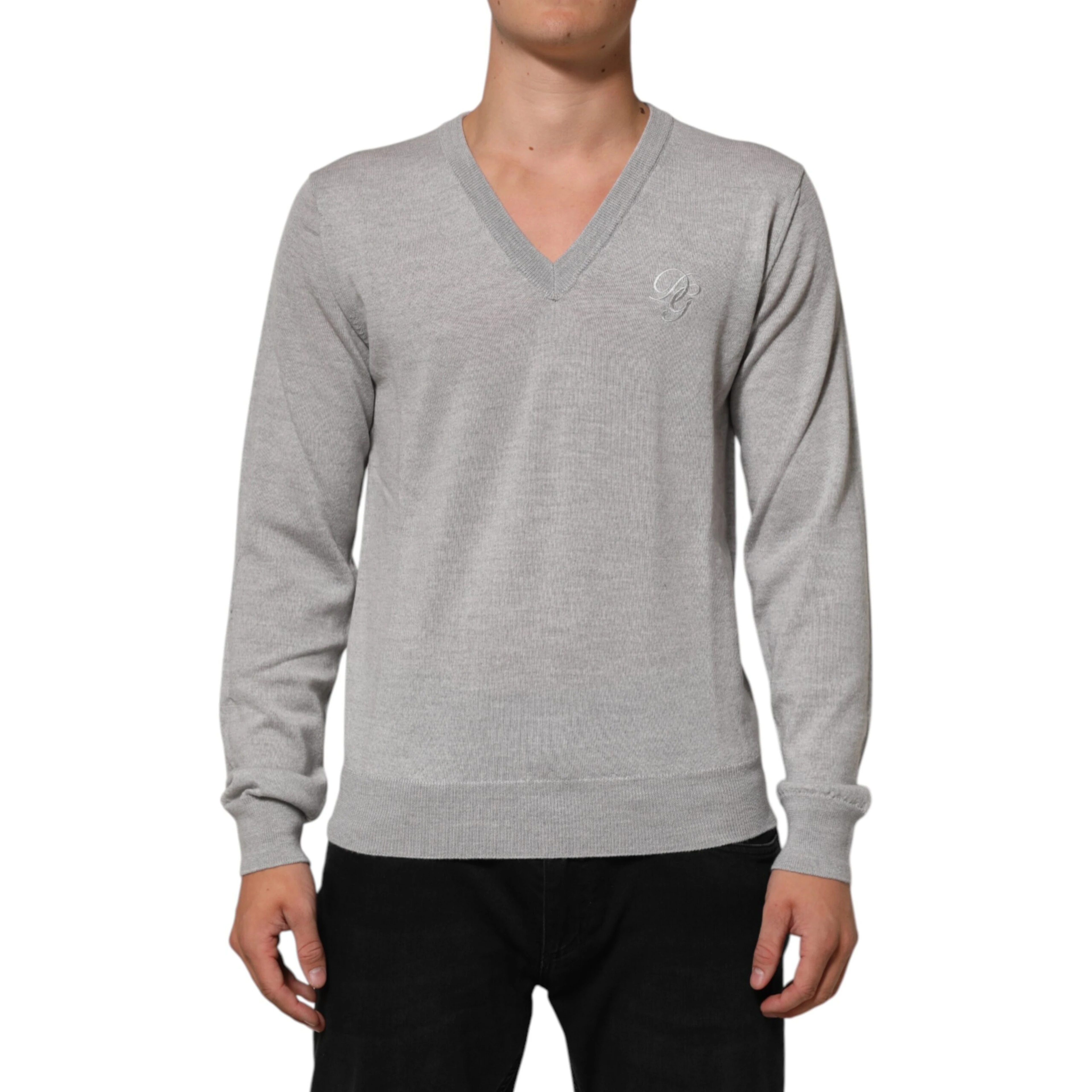 Gray Wool Knit Logo V-Neck Pullover Sweater
