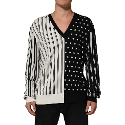 Black White Stripe Polka V-Neck Pullover Sweater