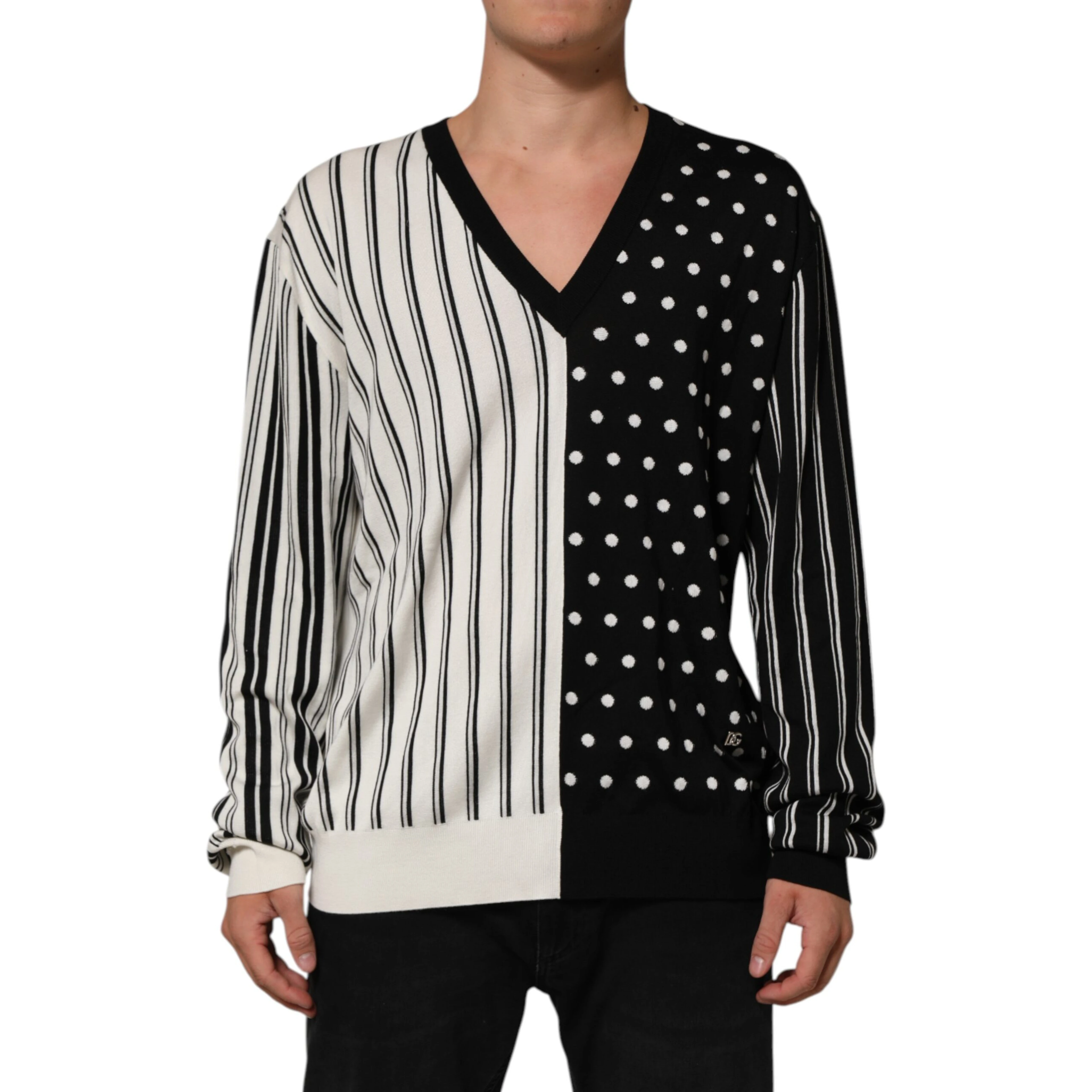 Black White Stripe Polka V-Neck Pullover Sweater