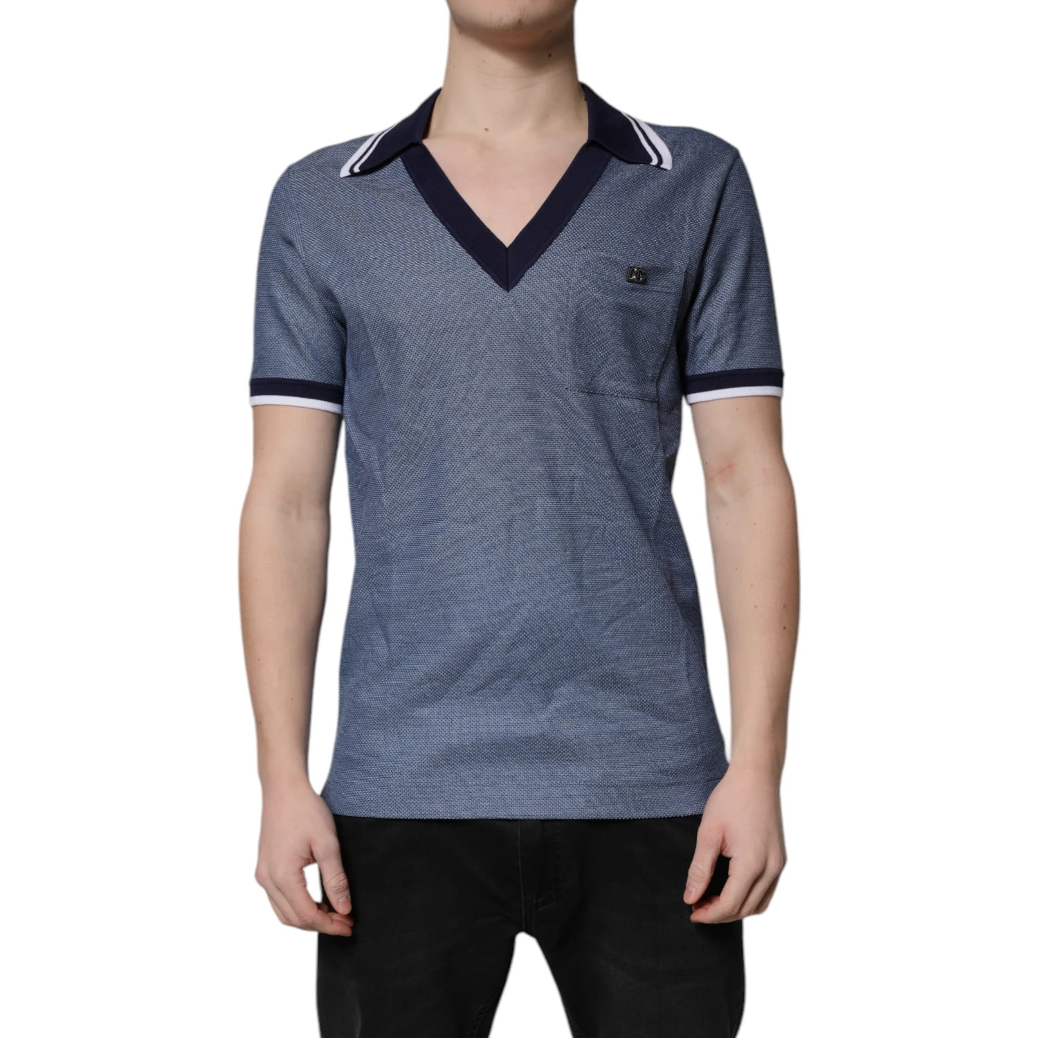 Blue Collared V-neck Silk Blend Polo T-shirt