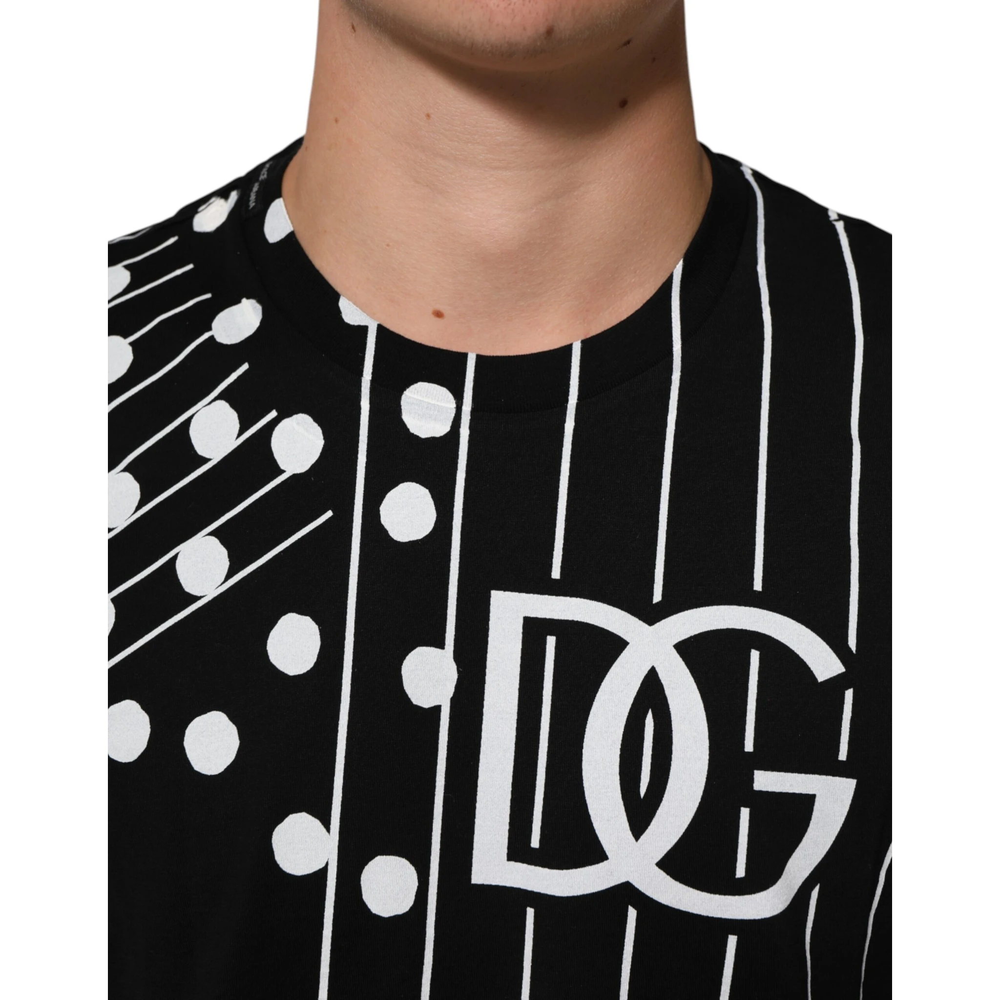 Black Cotton Polka Dots Round Neck T-shirt