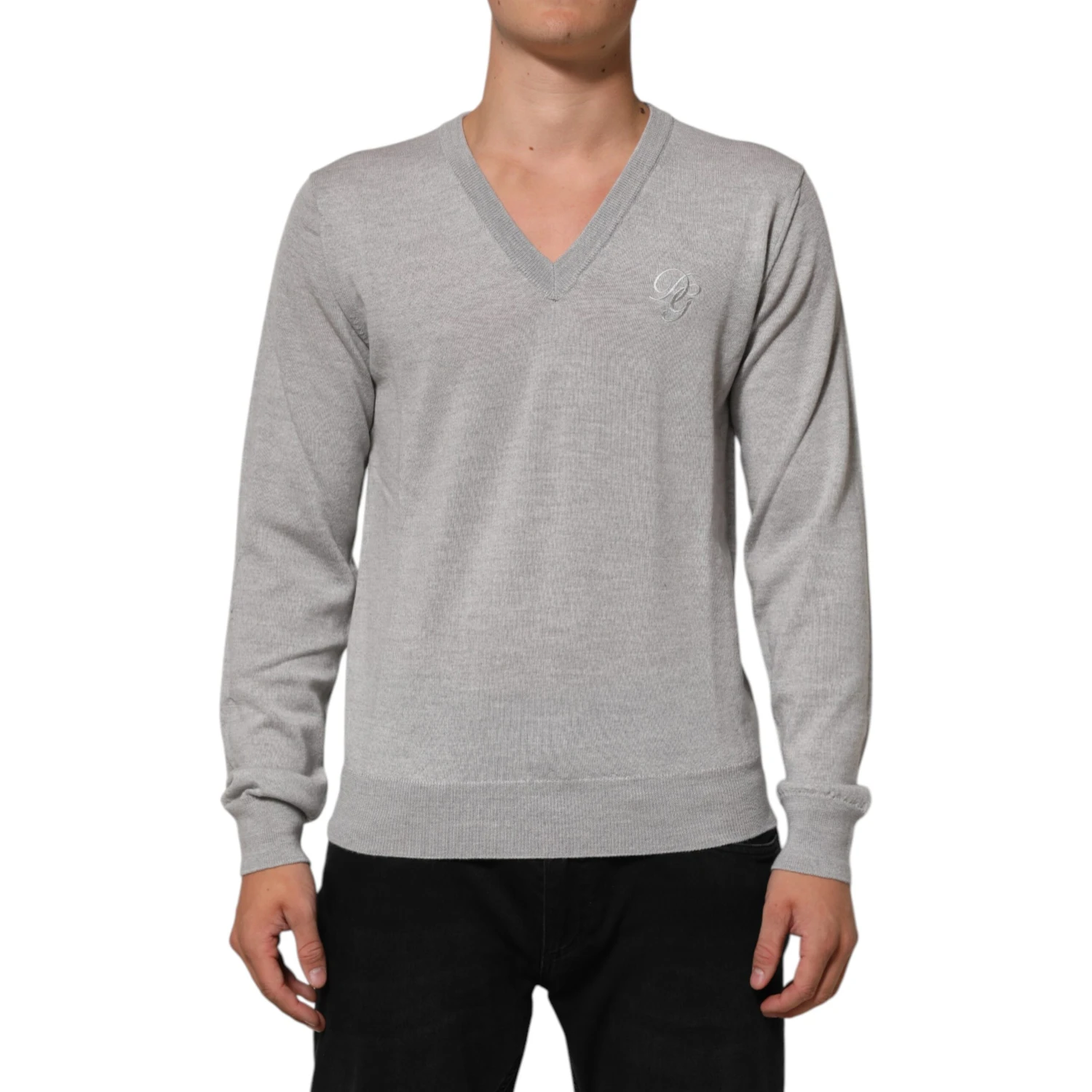 Gray Wool Knit Logo V-Neck Pullover Sweater