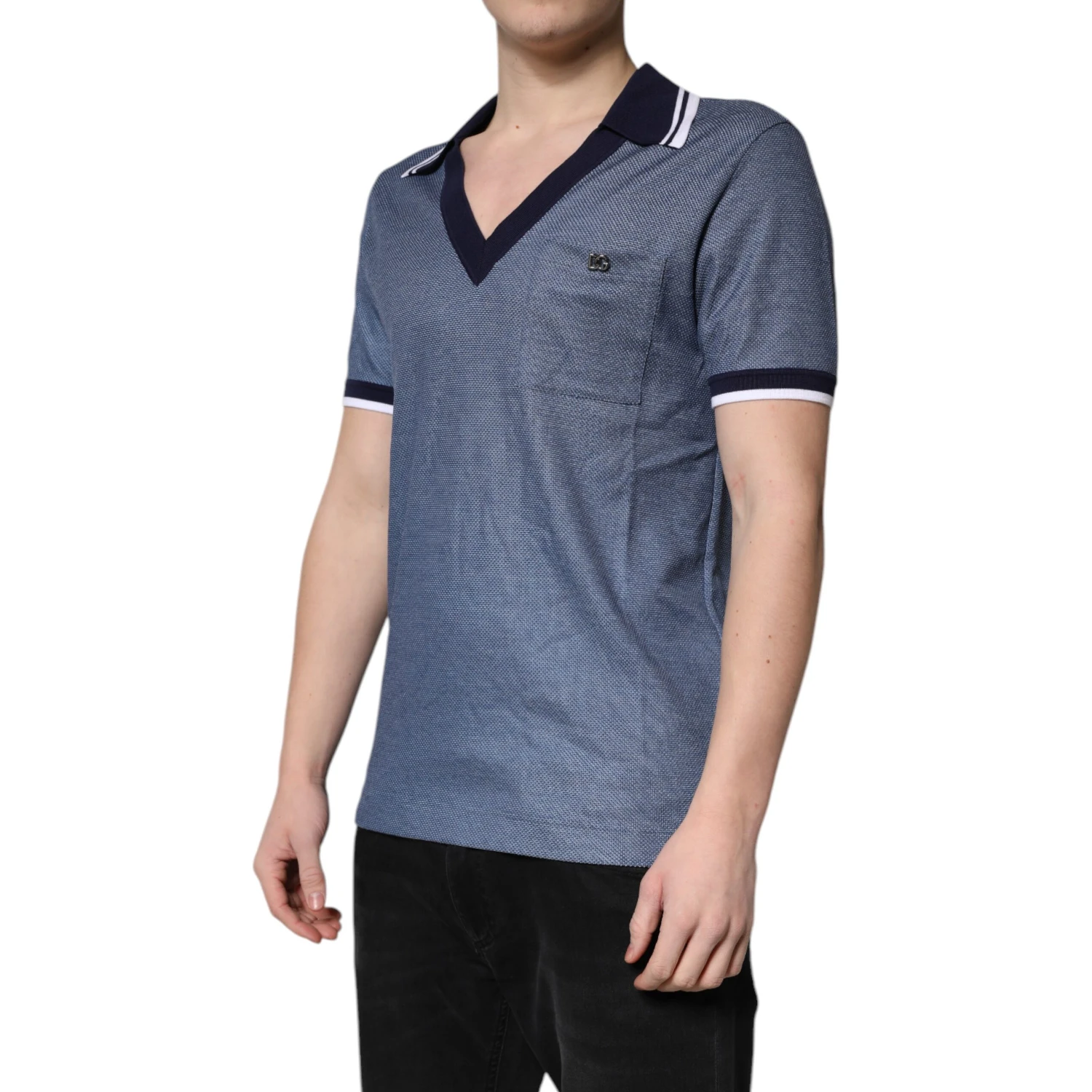 Blue Collared V-neck Silk Blend Polo T-shirt