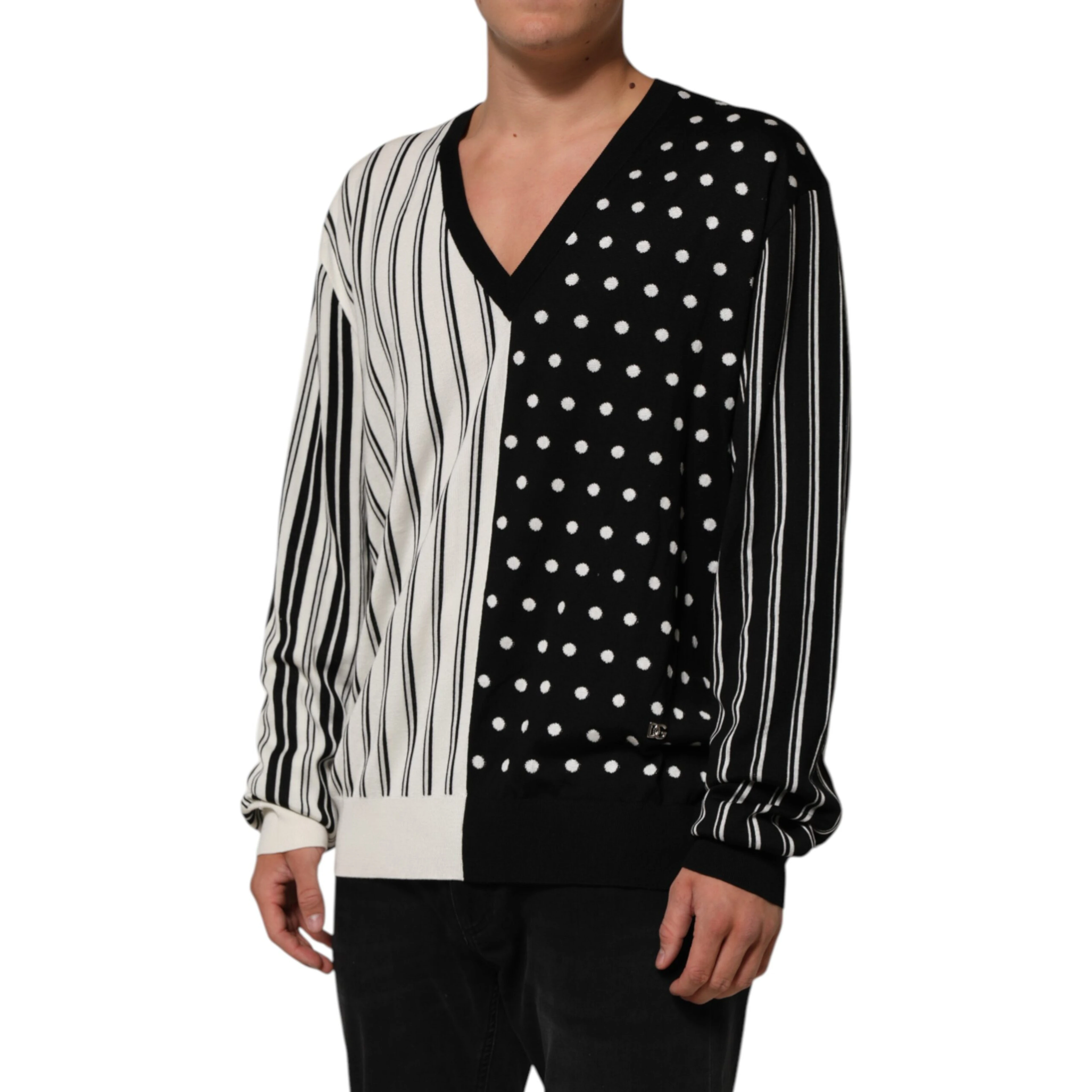 Black White Stripe Polka V-Neck Pullover Sweater