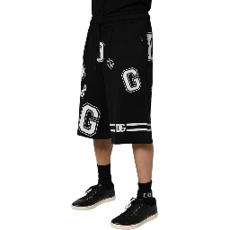 Black Logo Print Cotton Casual Bermuda Short