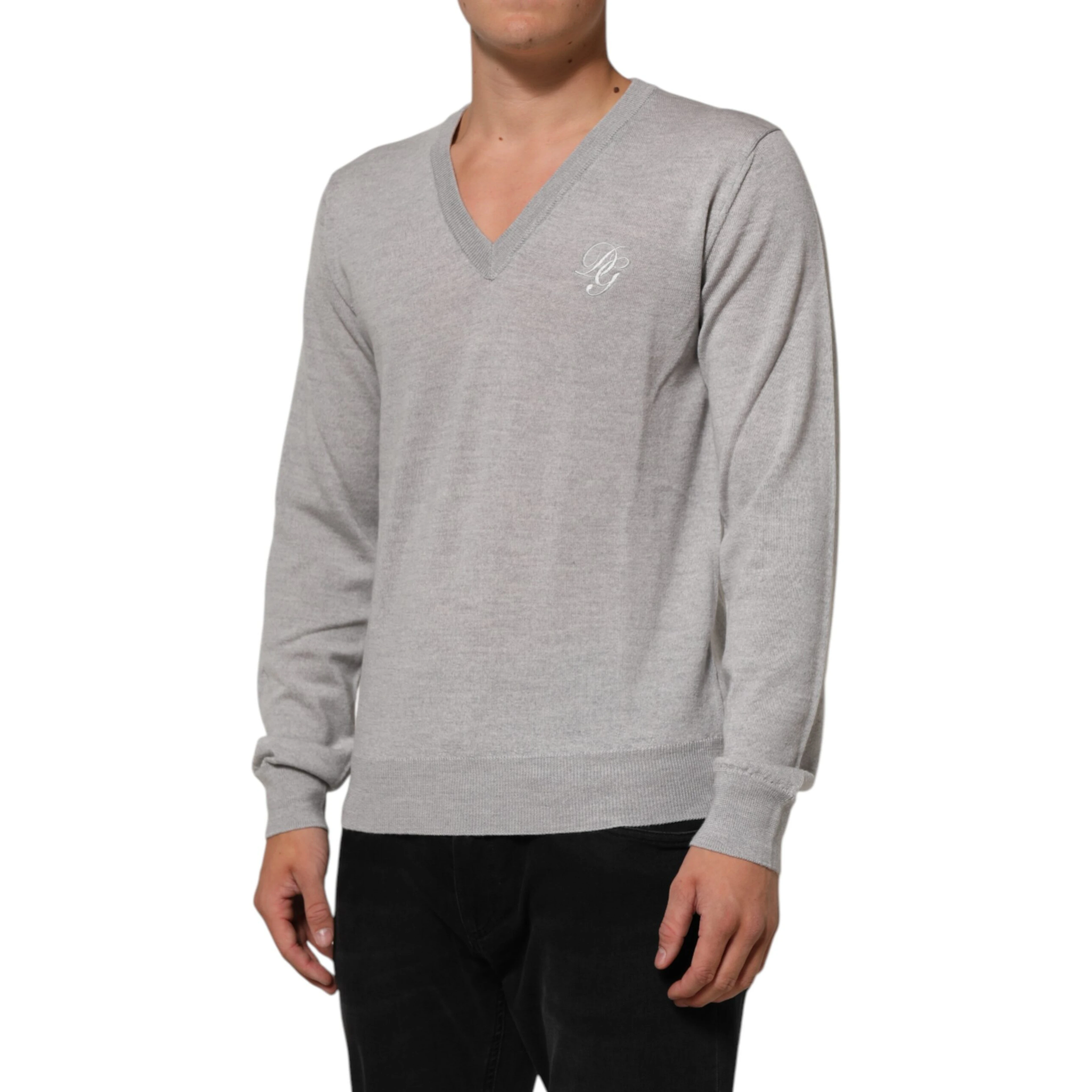 Gray Wool Knit Logo V-Neck Pullover Sweater