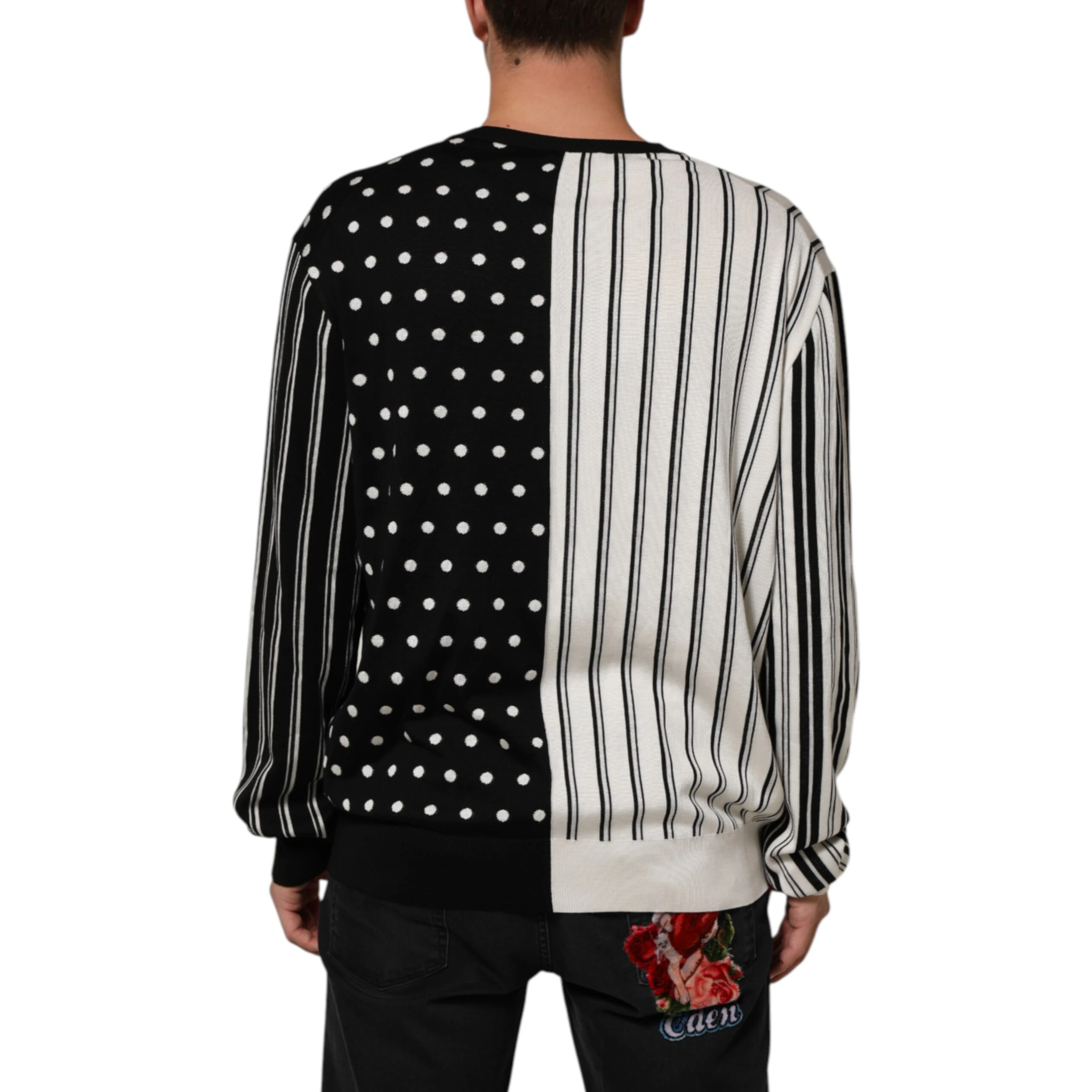 Black White Stripe Polka V-Neck Pullover Sweater