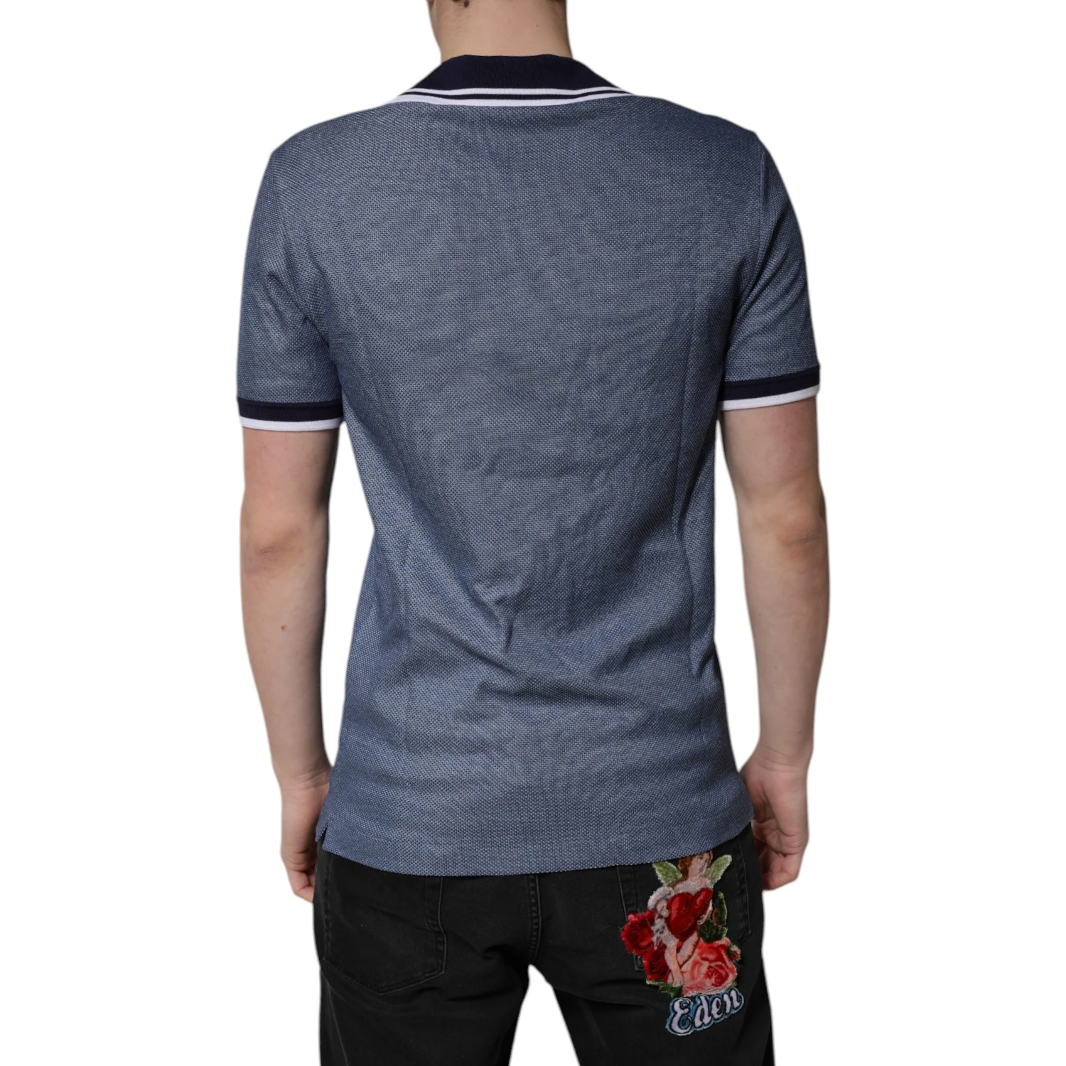 Blue Collared V-neck Silk Blend Polo T-shirt