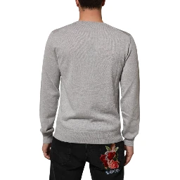 Gray Wool Knit Logo V-Neck Pullover Sweater
