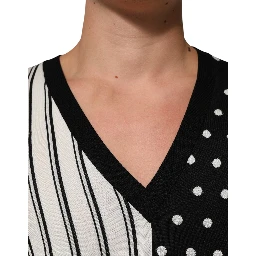 Black White Stripe Polka V-Neck Pullover Sweater