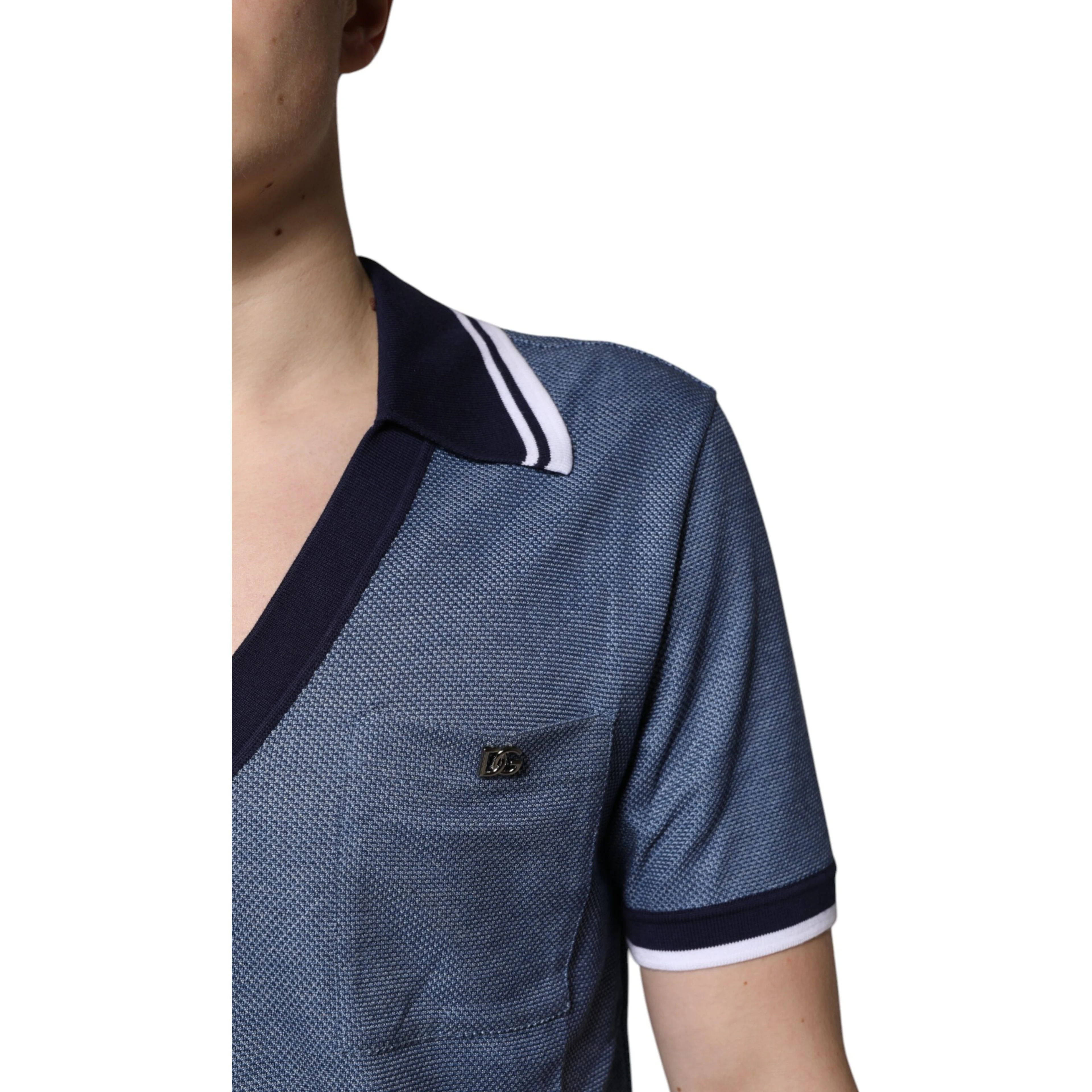 Blue Collared V-neck Silk Blend Polo T-shirt