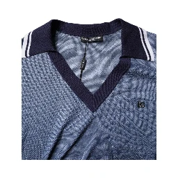 Blue Collared V-neck Silk Blend Polo T-shirt