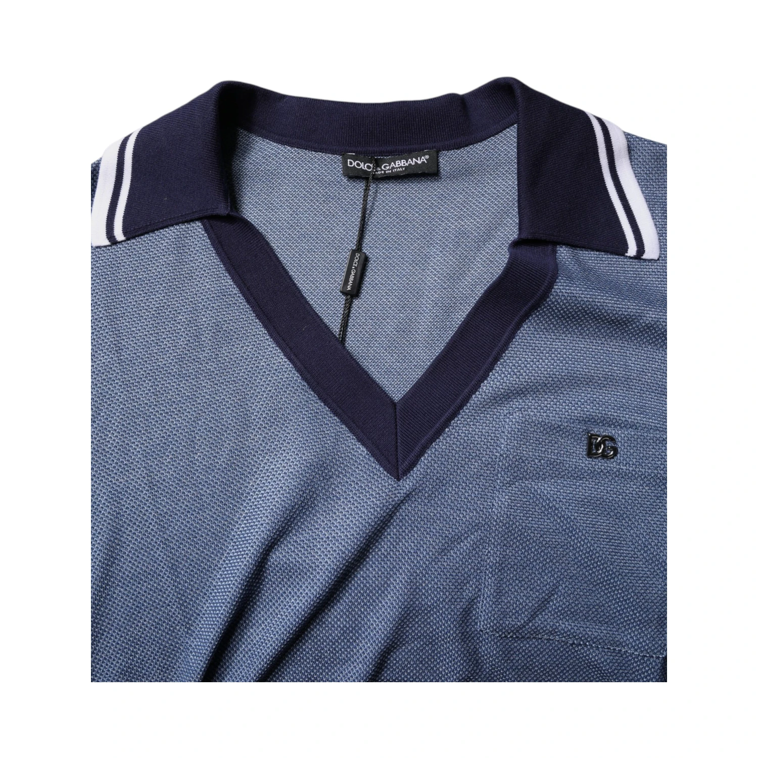 Blue Collared V-neck Silk Blend Polo T-shirt