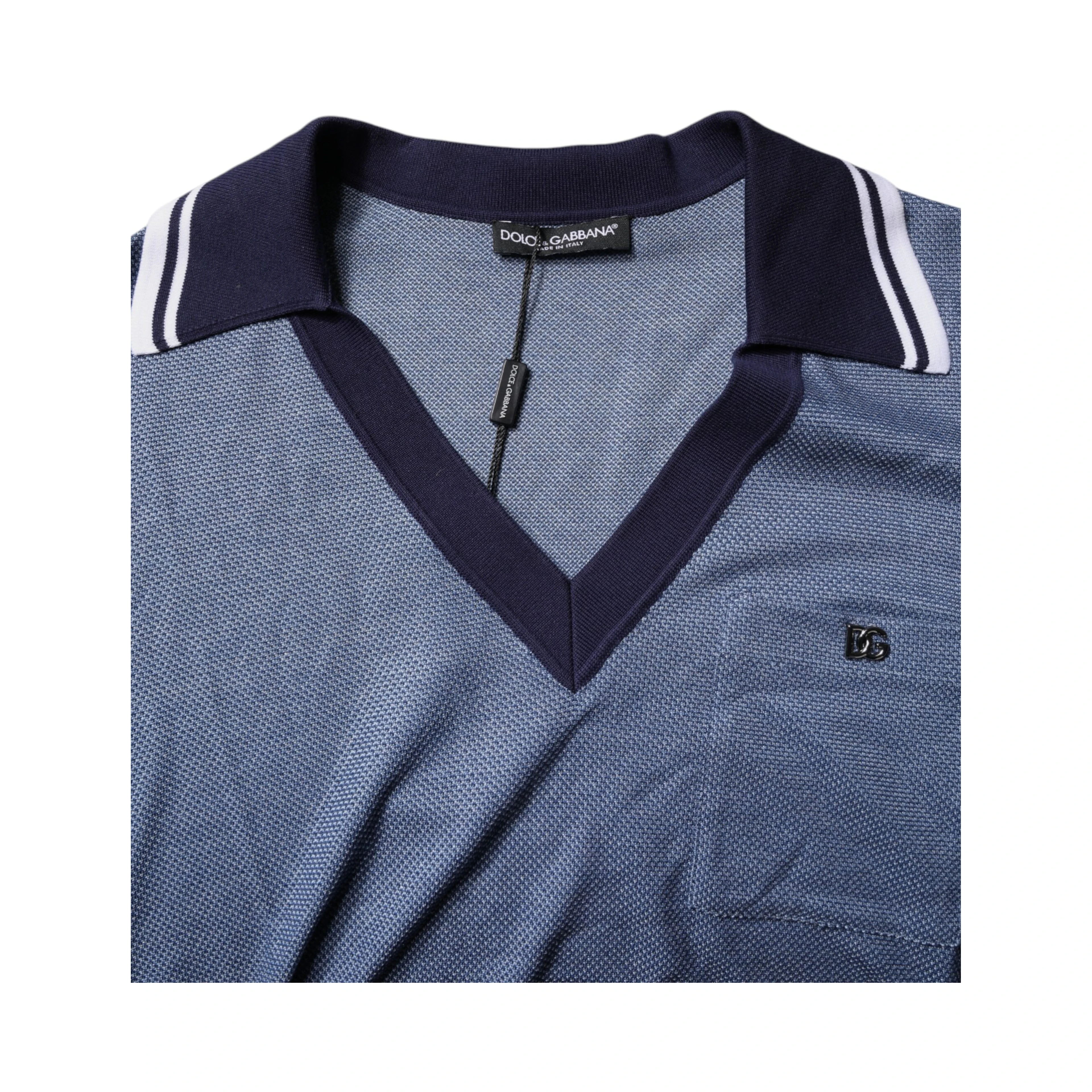 Blue Collared V-neck Silk Blend Polo T-shirt
