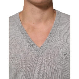 Gray Wool Knit Logo V-Neck Pullover Sweater