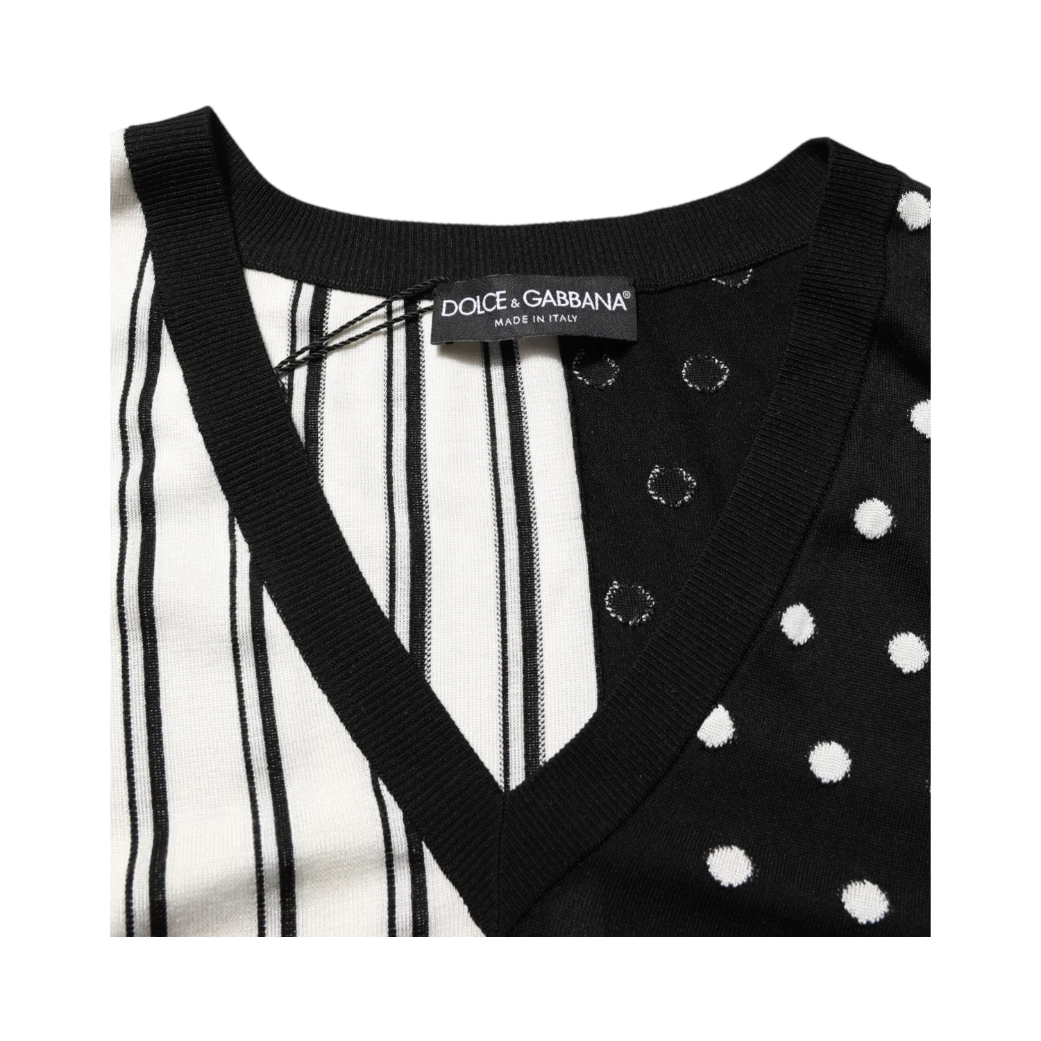 Black White Stripe Polka V-Neck Pullover Sweater